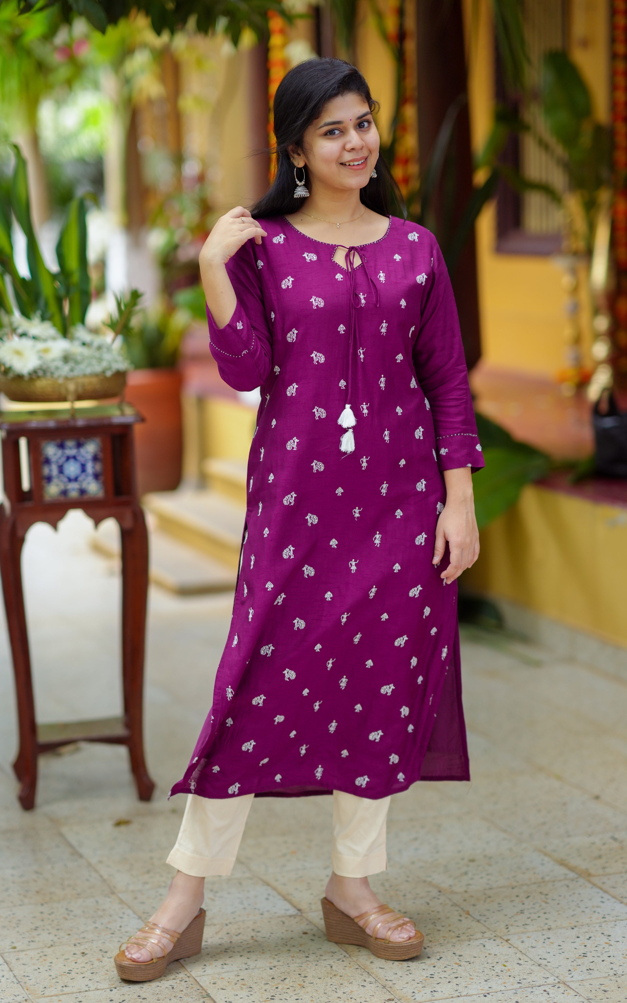 Instore - Plum Color Dola Silk Straight Cut Kurti with Keyhole Tie-Up Neckline with Side Slit & Cotton Lining