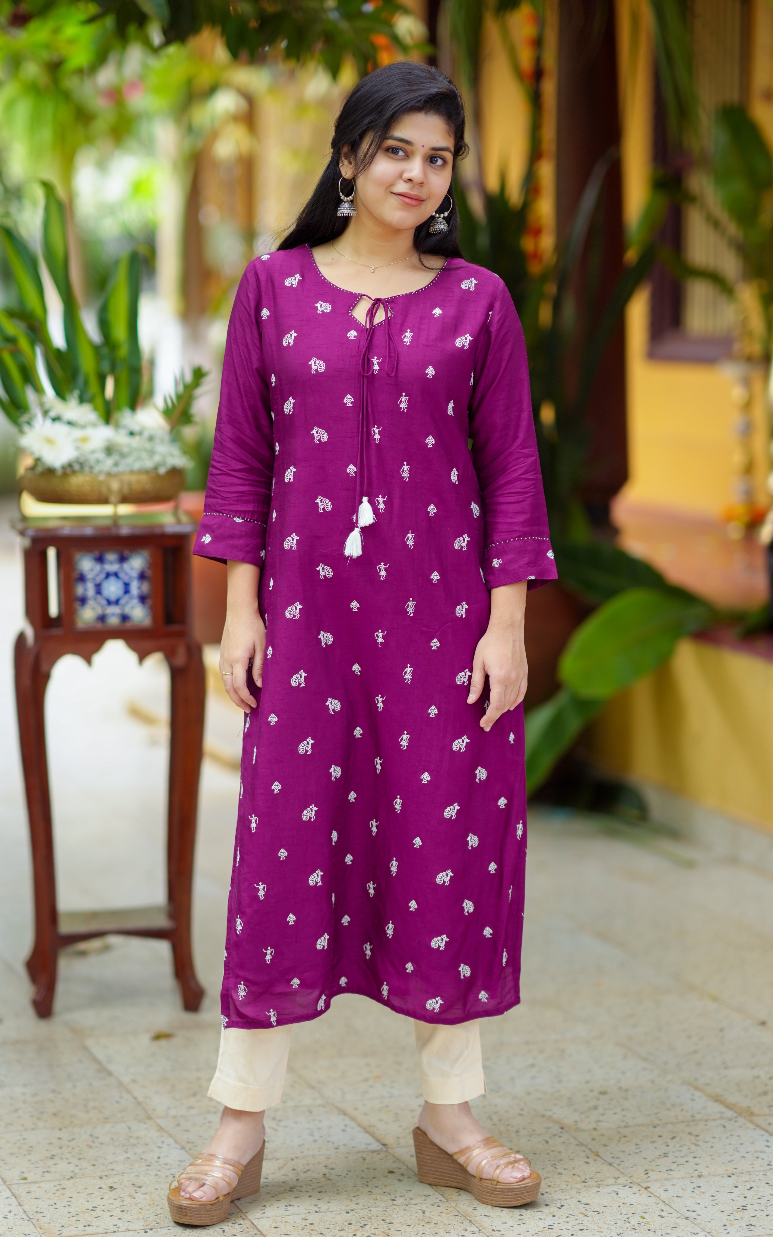 Instore - Plum Color Dola Silk Straight Cut Kurti with Keyhole Tie-Up Neckline with Side Slit & Cotton Lining
