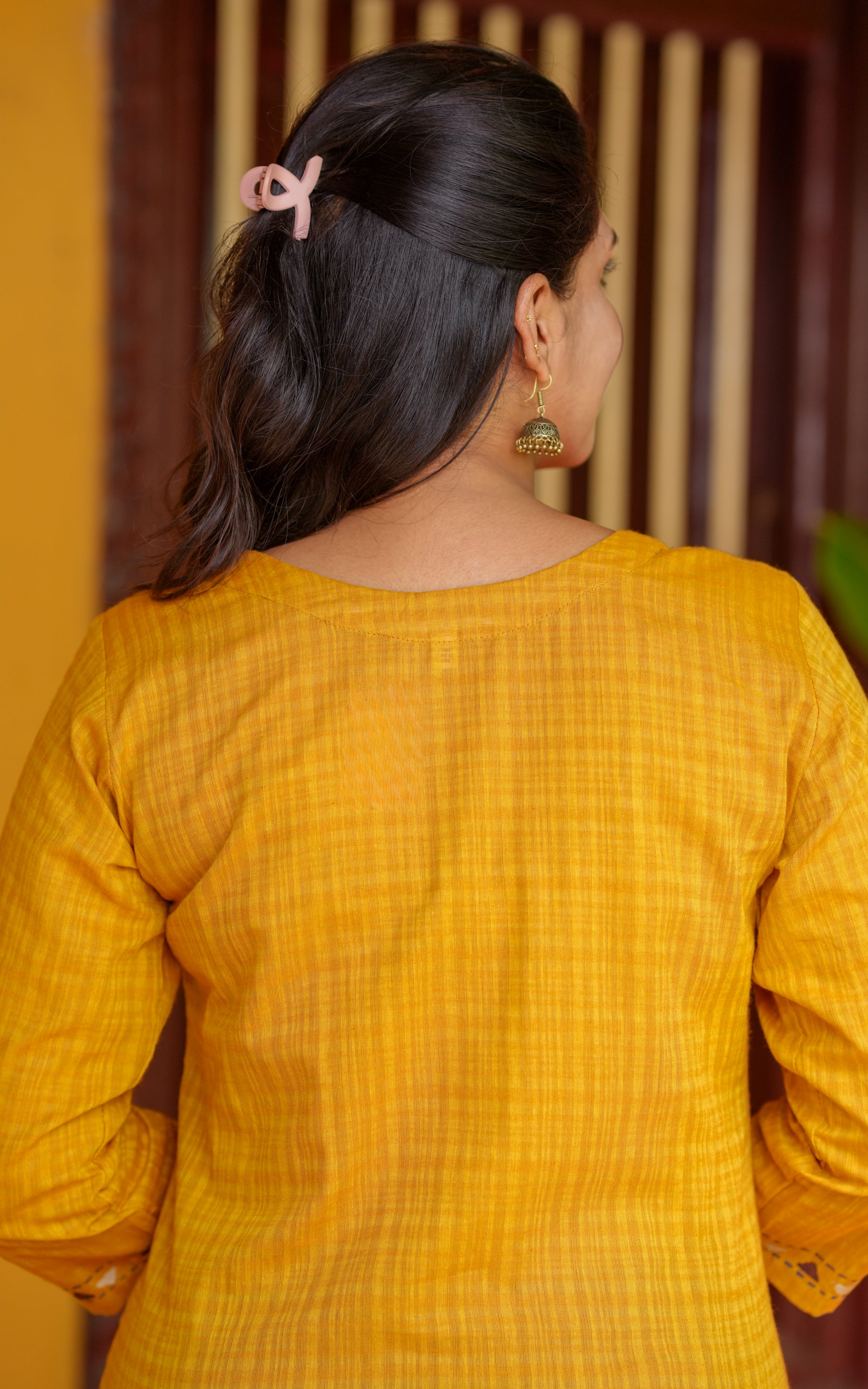 Instore - Mustard Color South Cotton, Printed Straight Cut Kurti with Side Slit with No Lining