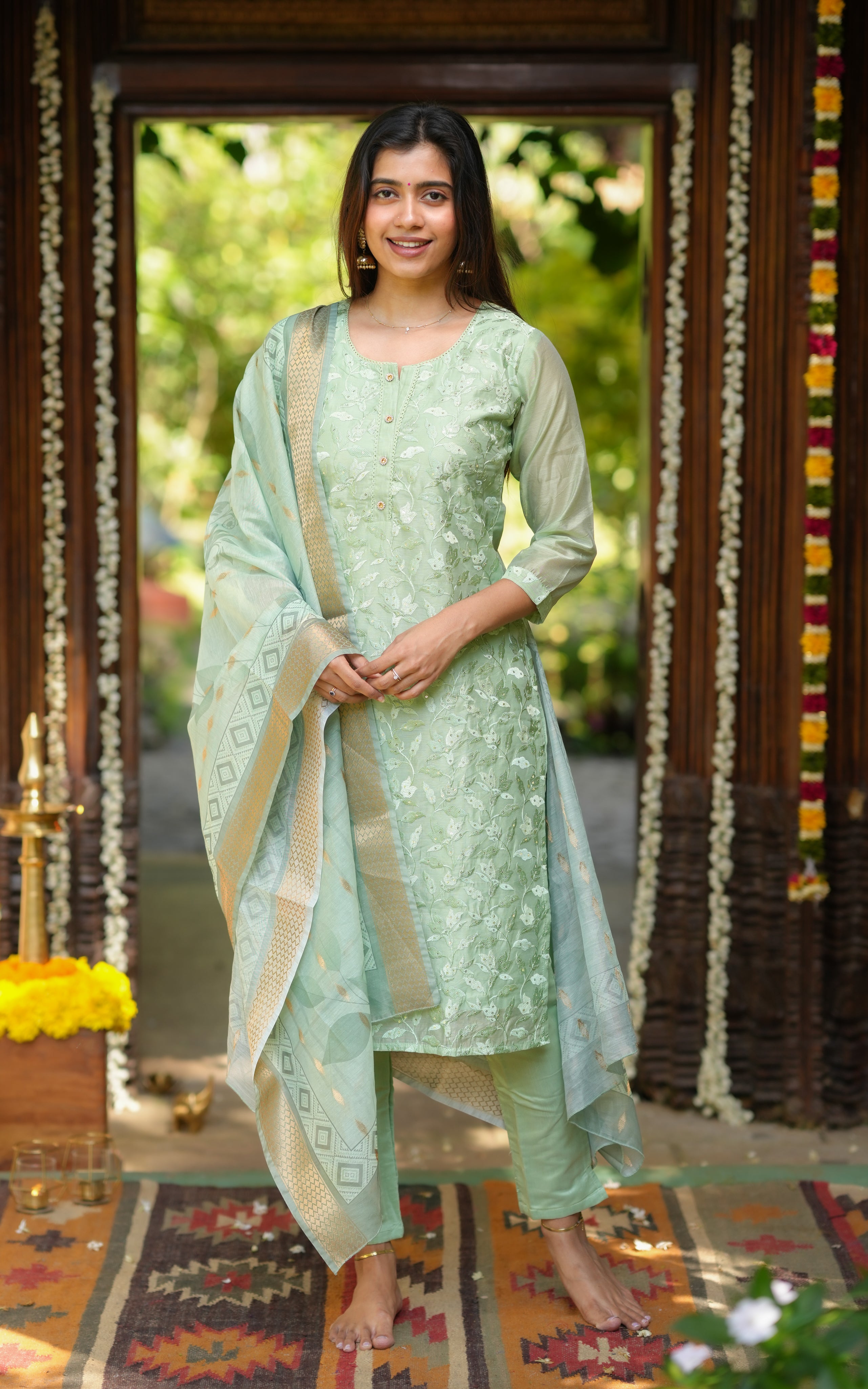Rithuska Pista Green (Kurti+Pant+Dupatta)