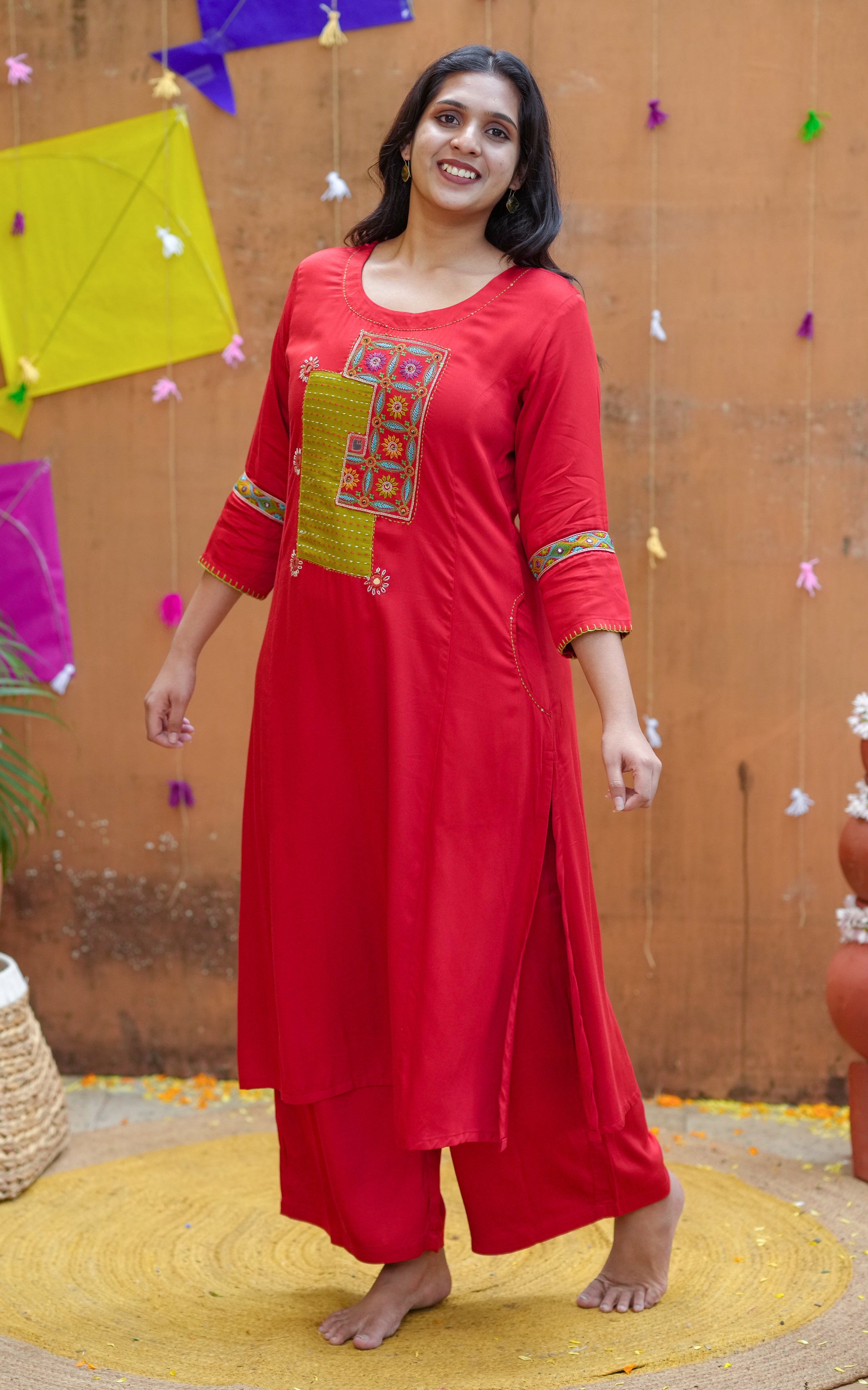 Instore - Bright Red Color Art Silk, Aline Embroidered Kurti with Side Slit & Double Side Pockets & Pant with One Side Pocket