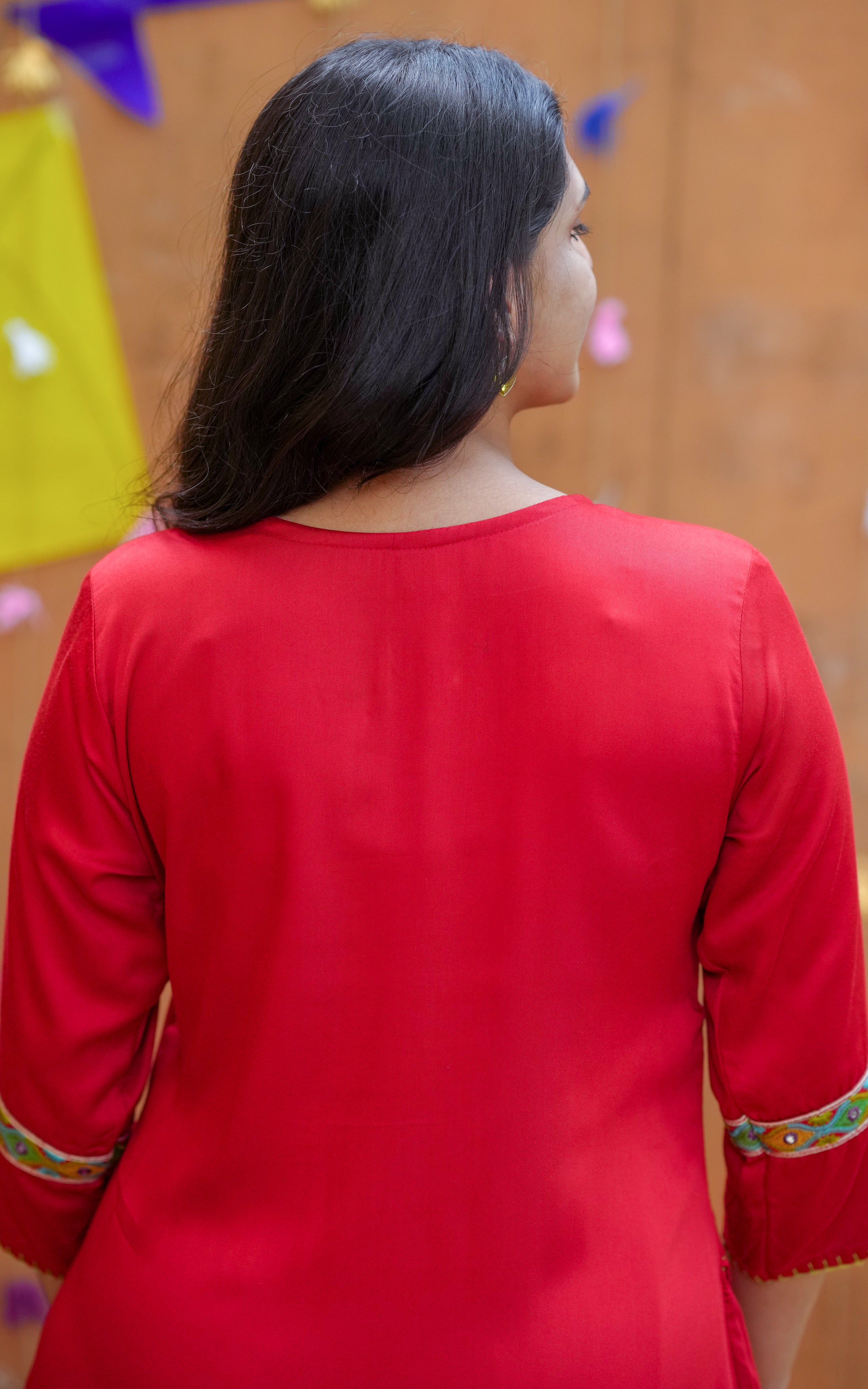 Instore - Bright Red Color Art Silk, Aline Embroidered Kurti with Side Slit & Double Side Pockets & Pant with One Side Pocket