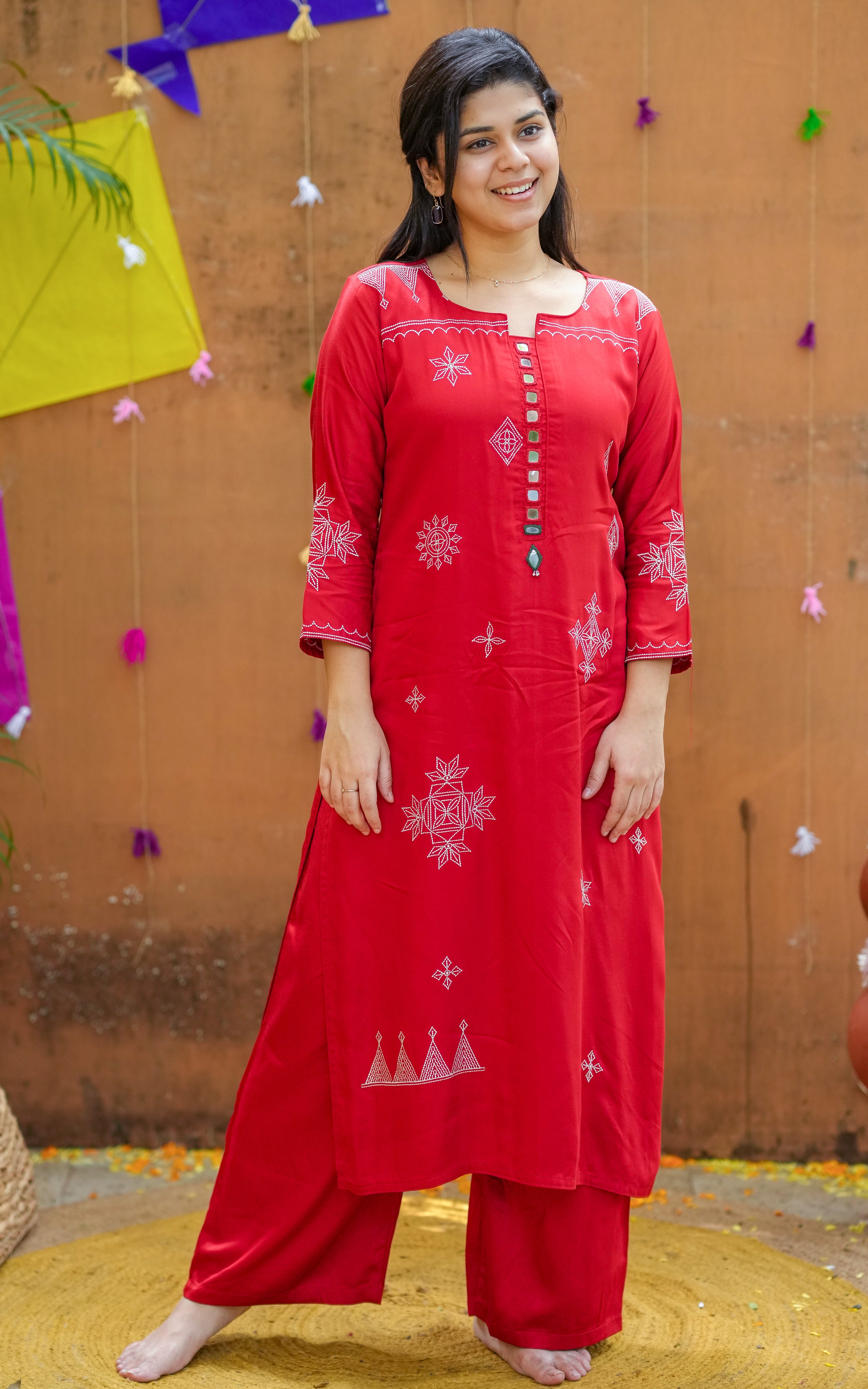 Instore - Red Color Art Silk Straight Cut Kurti with Side Slit & Mirror Embroidered & Pant with One Side Pocket & No Lining
