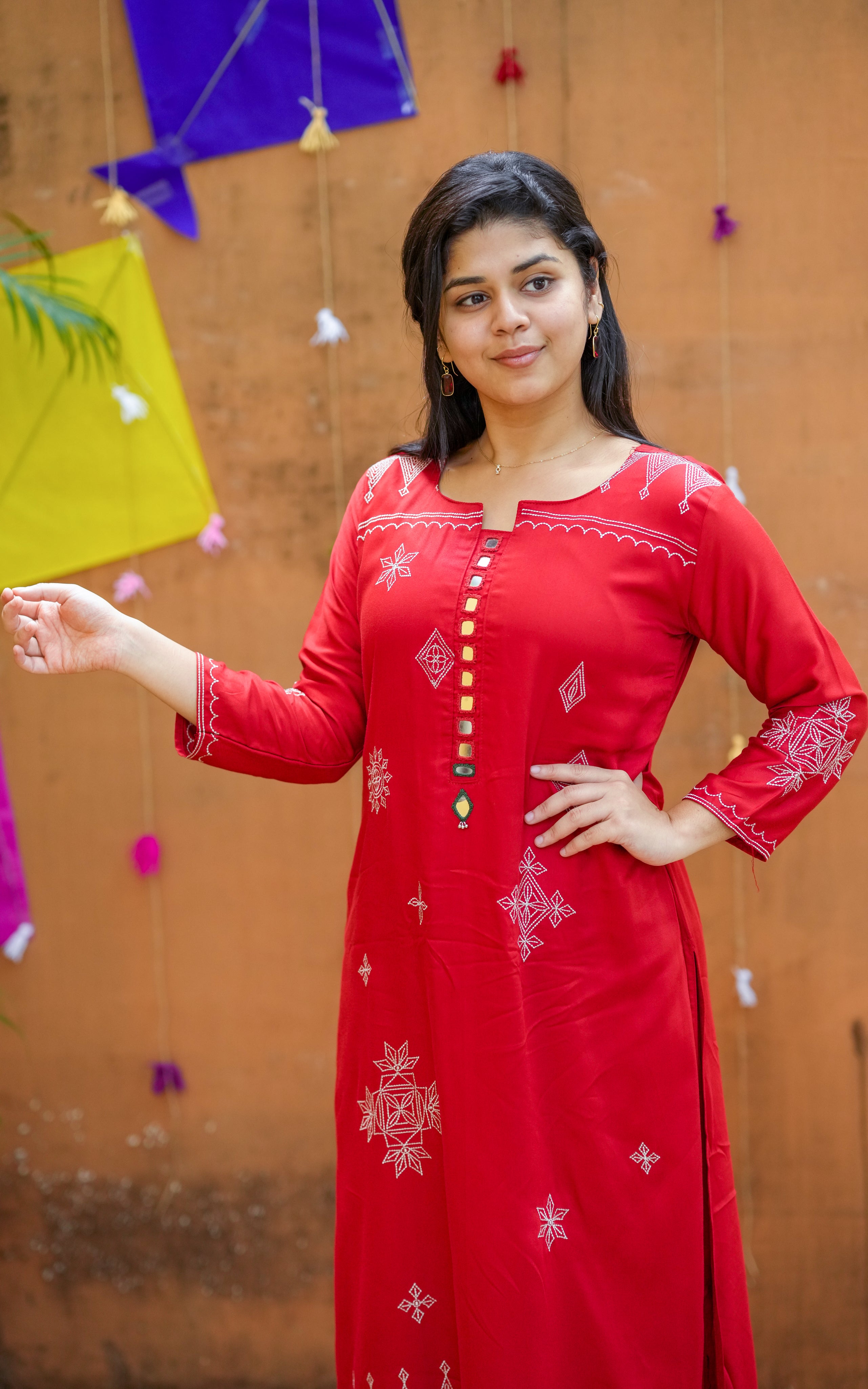 Instore - Red Color Art Silk Straight Cut Kurti with Side Slit & Mirror Embroidered & Pant with One Side Pocket & No Lining