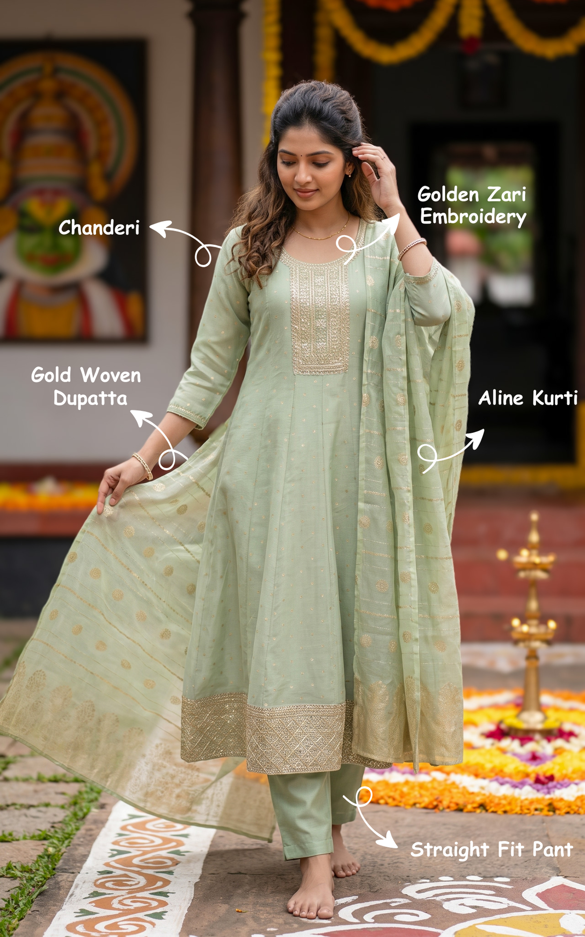 Instore – Green Haritham Kurti Pant Dupatta Set for Women – Cotton – Printed – Ethnic Wear