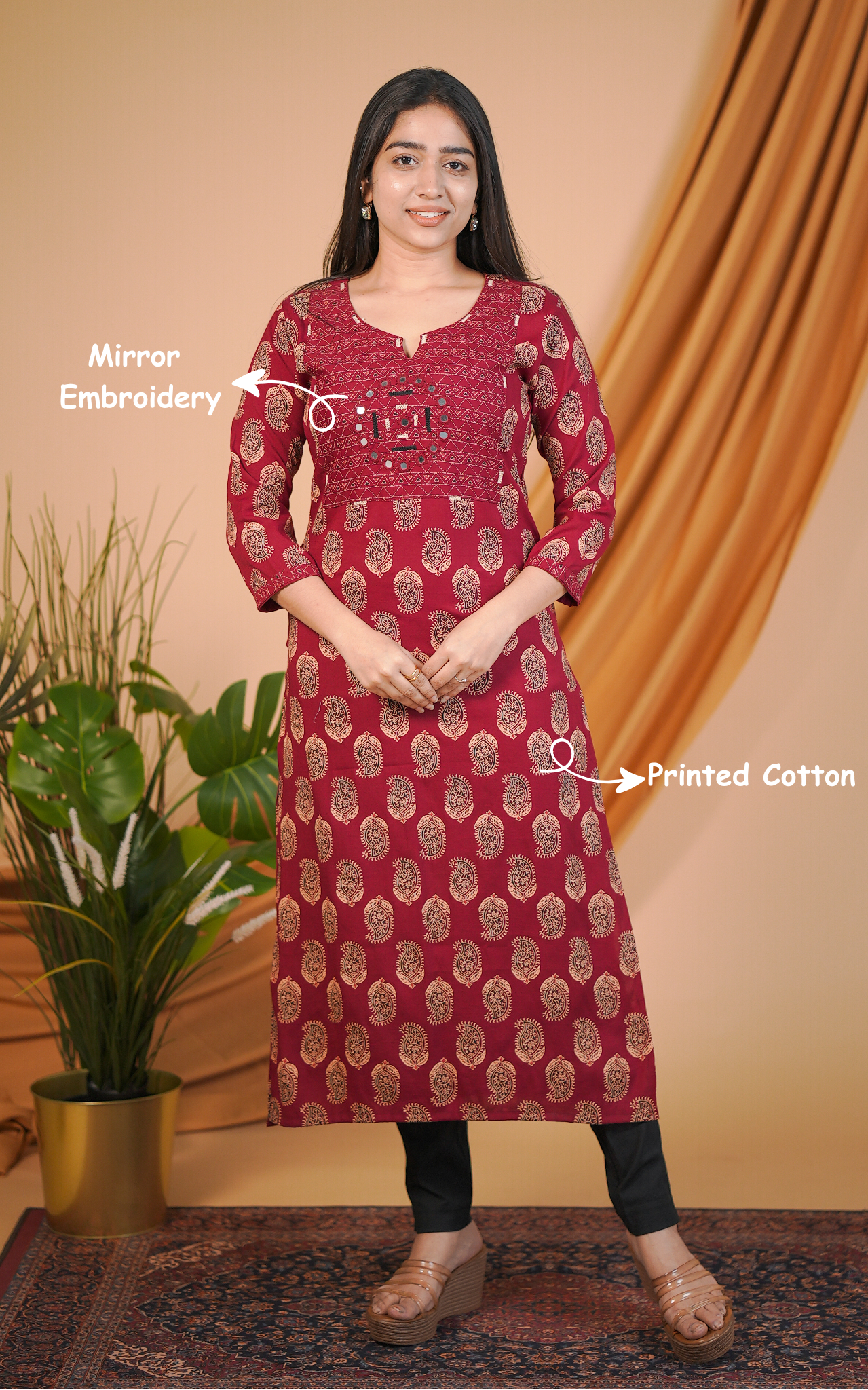 Maroon ethnic cotton kurti for women