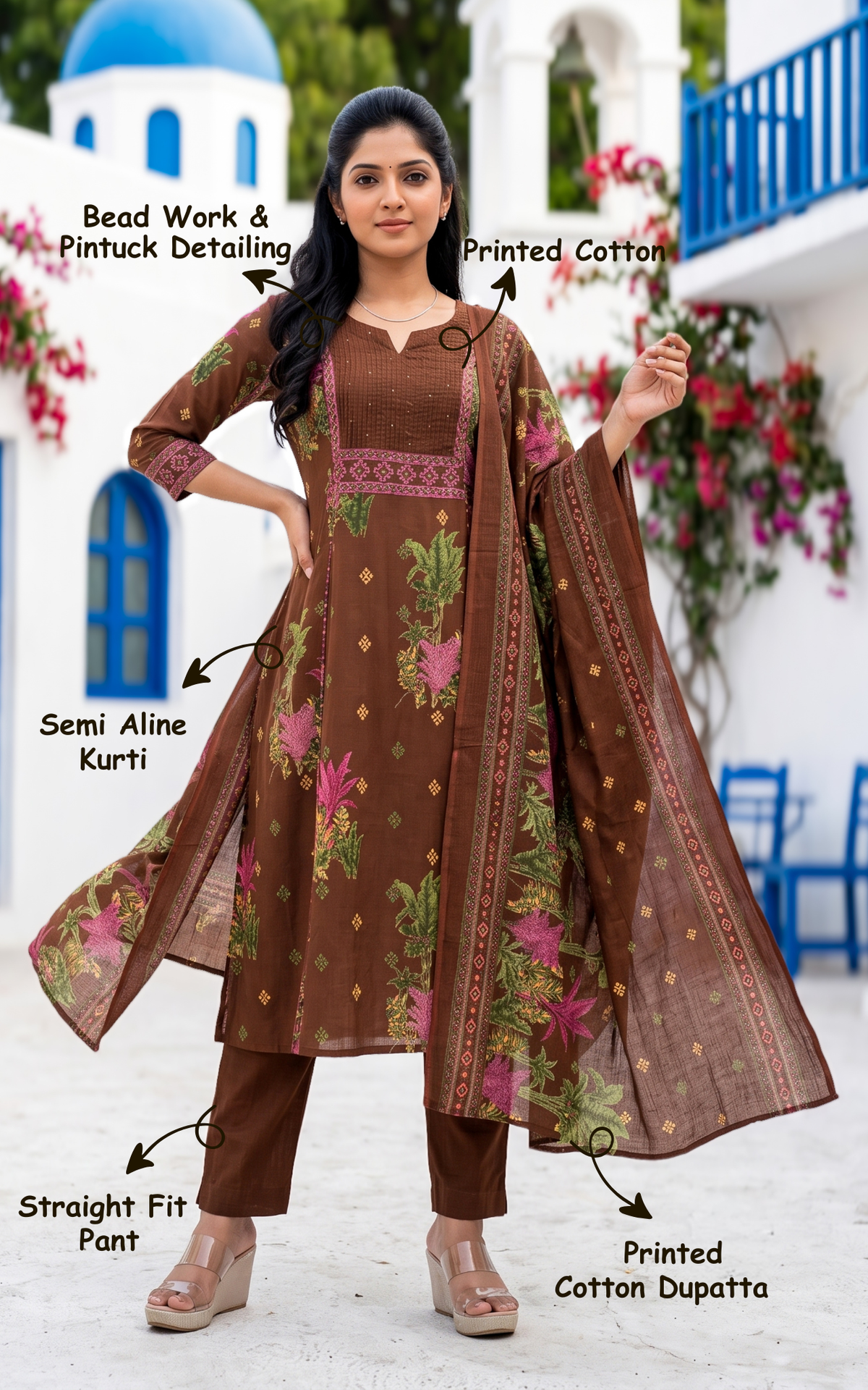 Raveena Brown (Kurti+Pant+Dupatta)