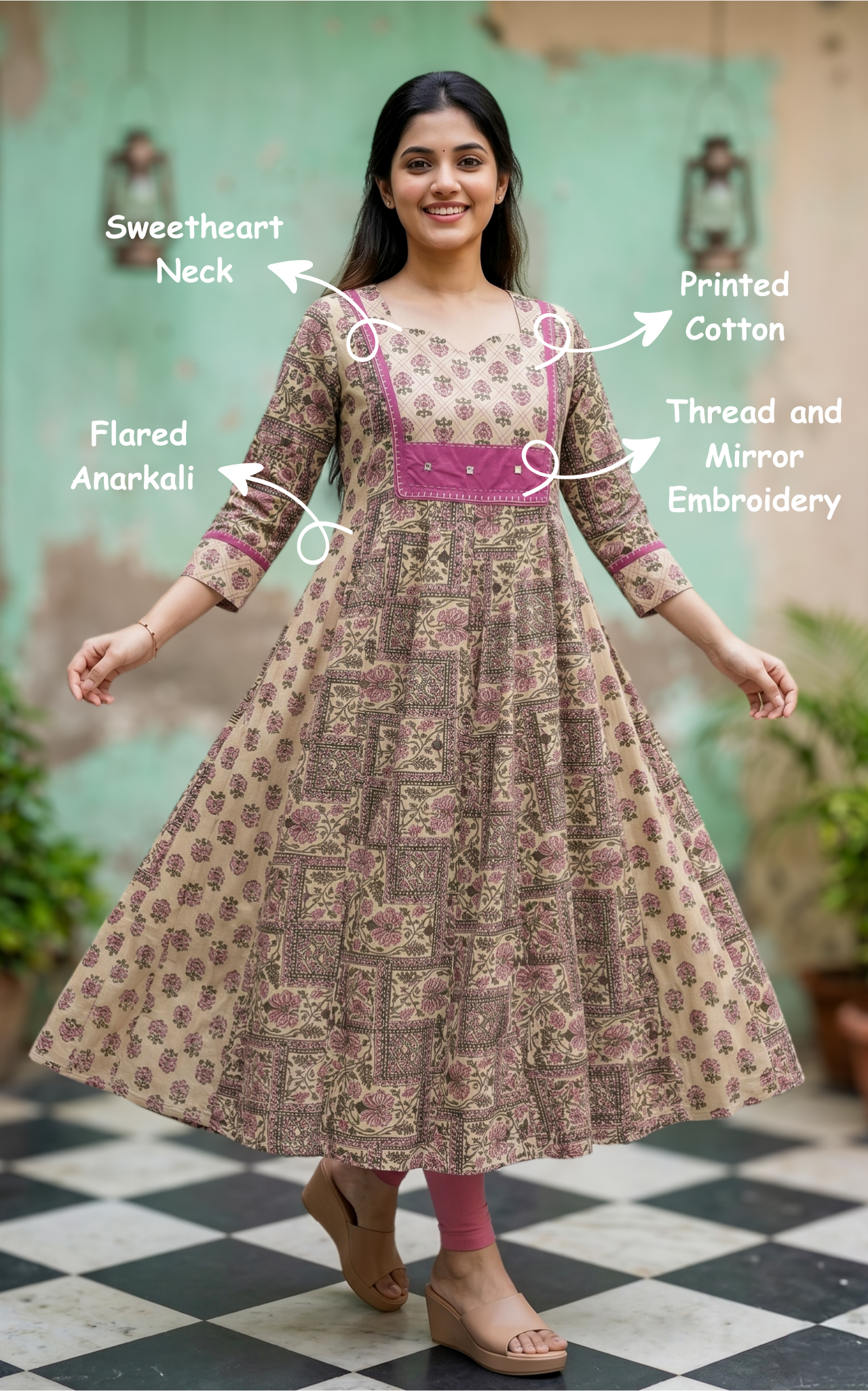 Elegant pink beige cotton Anarkali kurti for women
