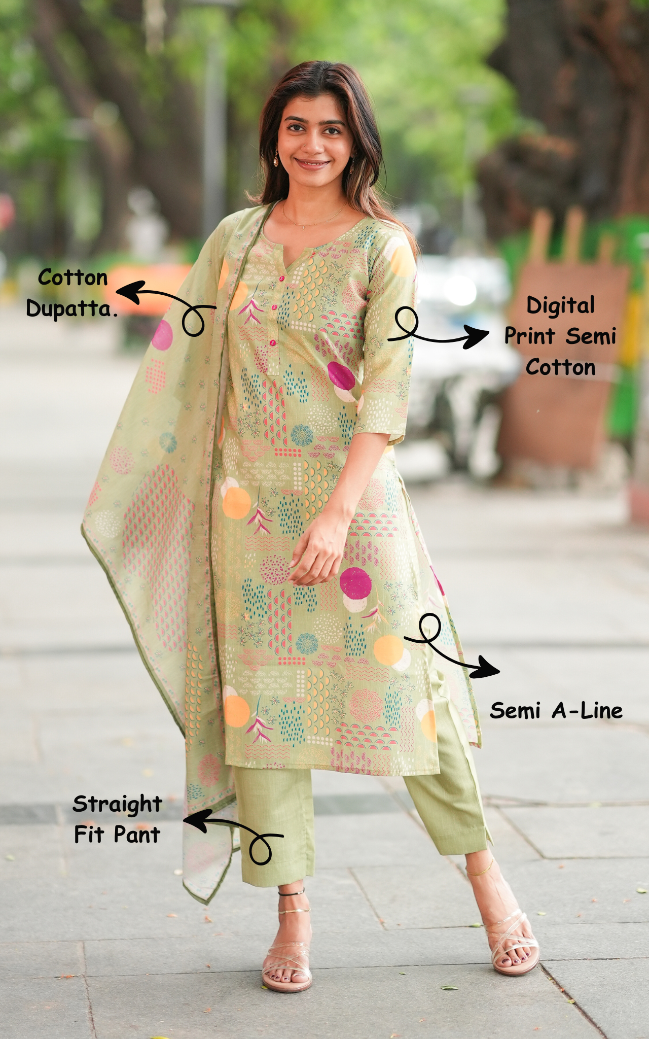 Instore – Light Green Keshini Kurti Pant Dupatta Set for Women – Semi Cotton – Digital Print – Ethnic Wear