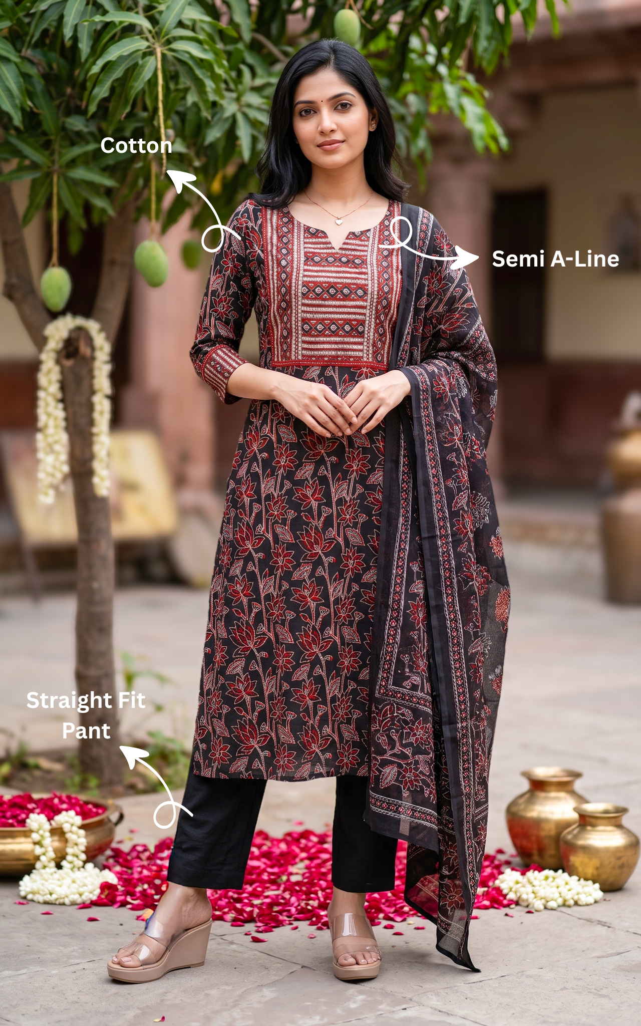 Instore – Black Ruthra Kurti Pant Dupatta Set for Women – Georgette – Printed – Ethnic Wear