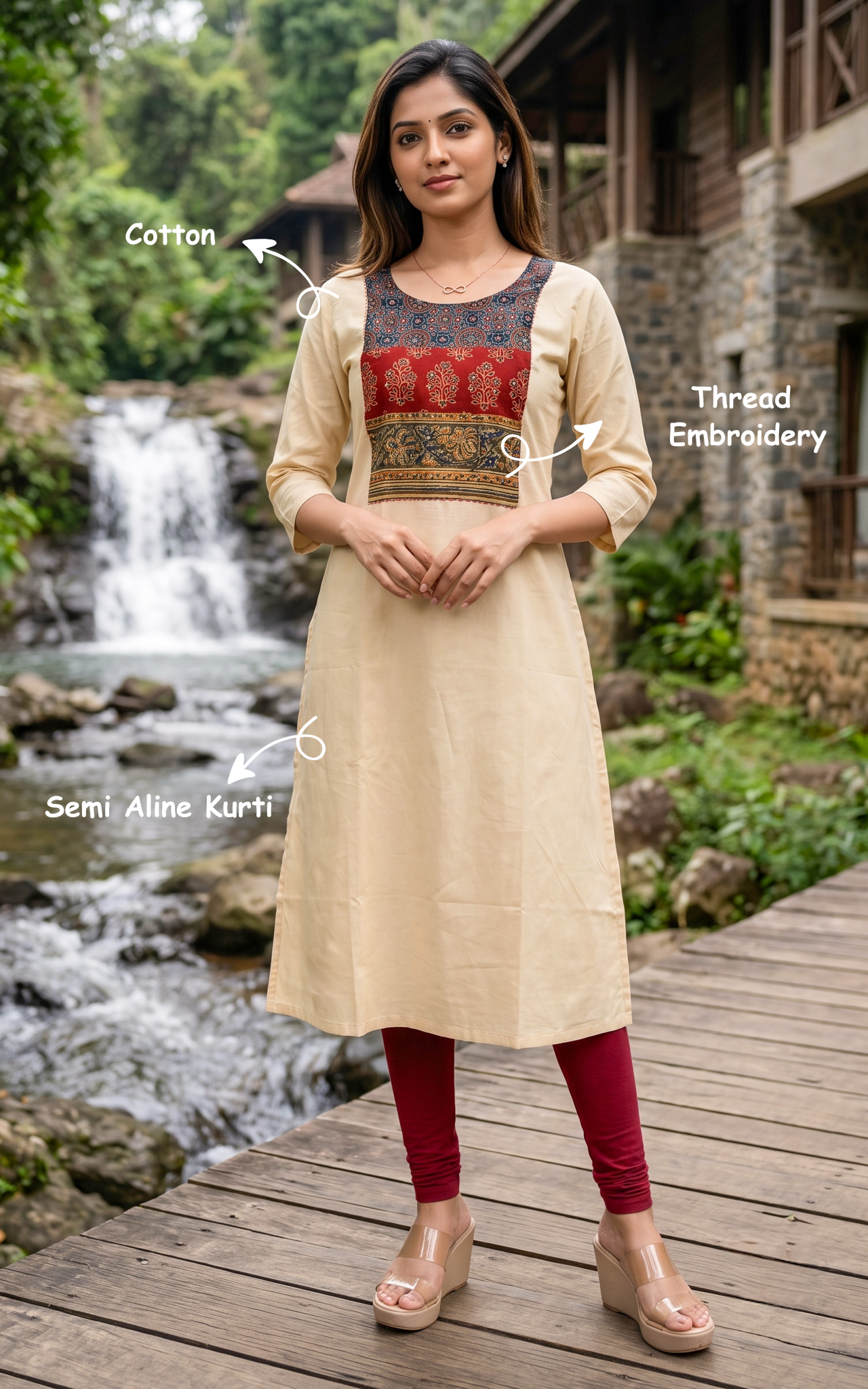 Beige Cotton Ethnic Wear Kurti for Women