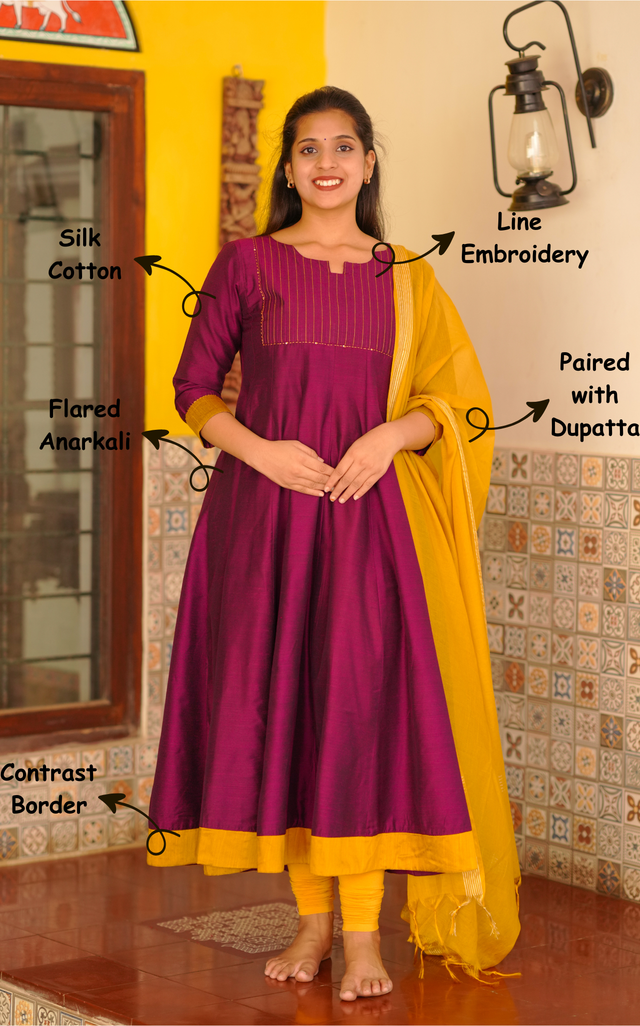 Stylish Deep Purple Anarkali with Line Embroidery & Contrast Dupatta
Deep Purple Silk Cotton Full Flared Anarkali for Daily & Festive Wear
