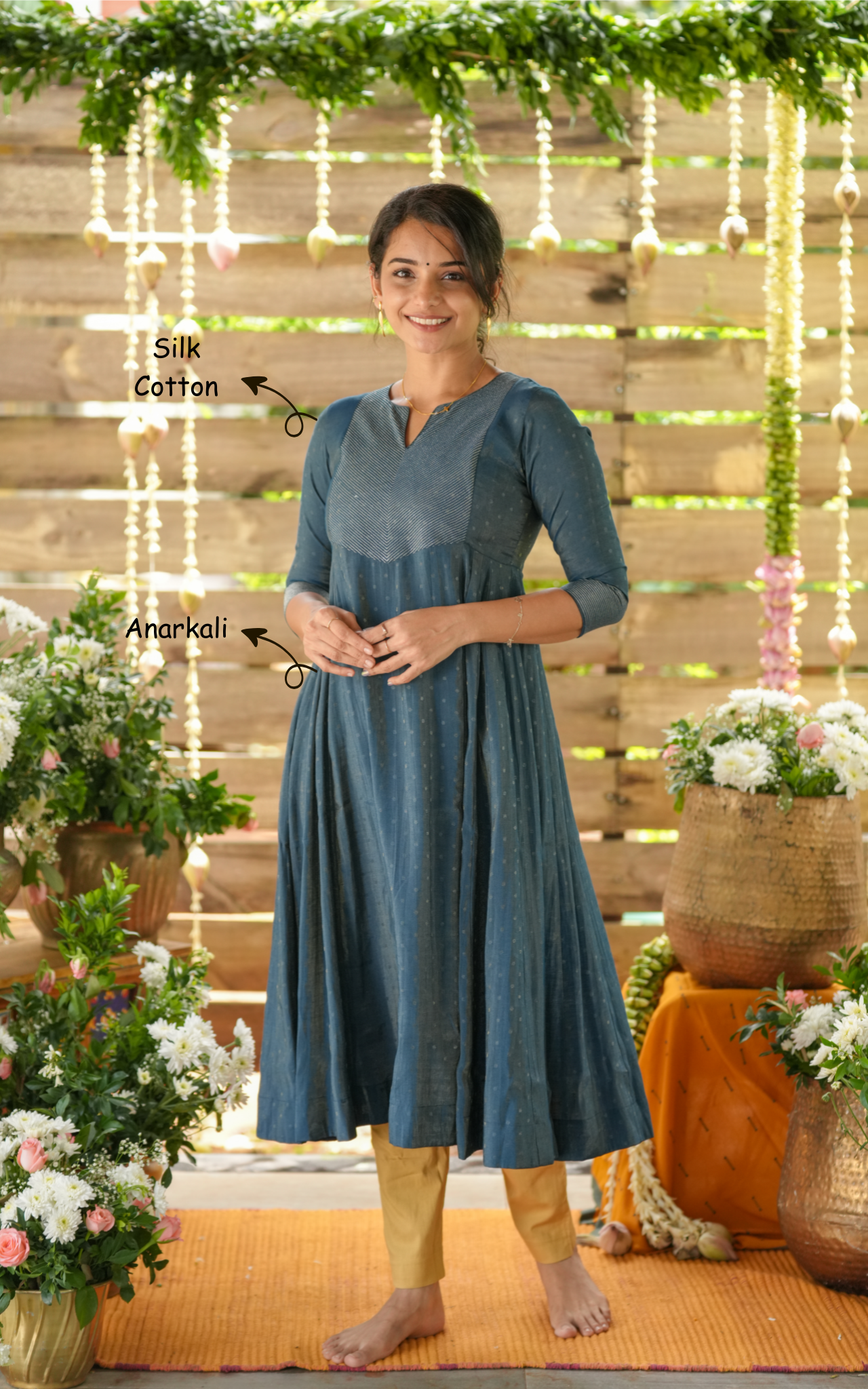 Instore - Peacock Blue Silk Cotton Full Flared Anarkali Kurti, Designer Festive Ethnic Wear
