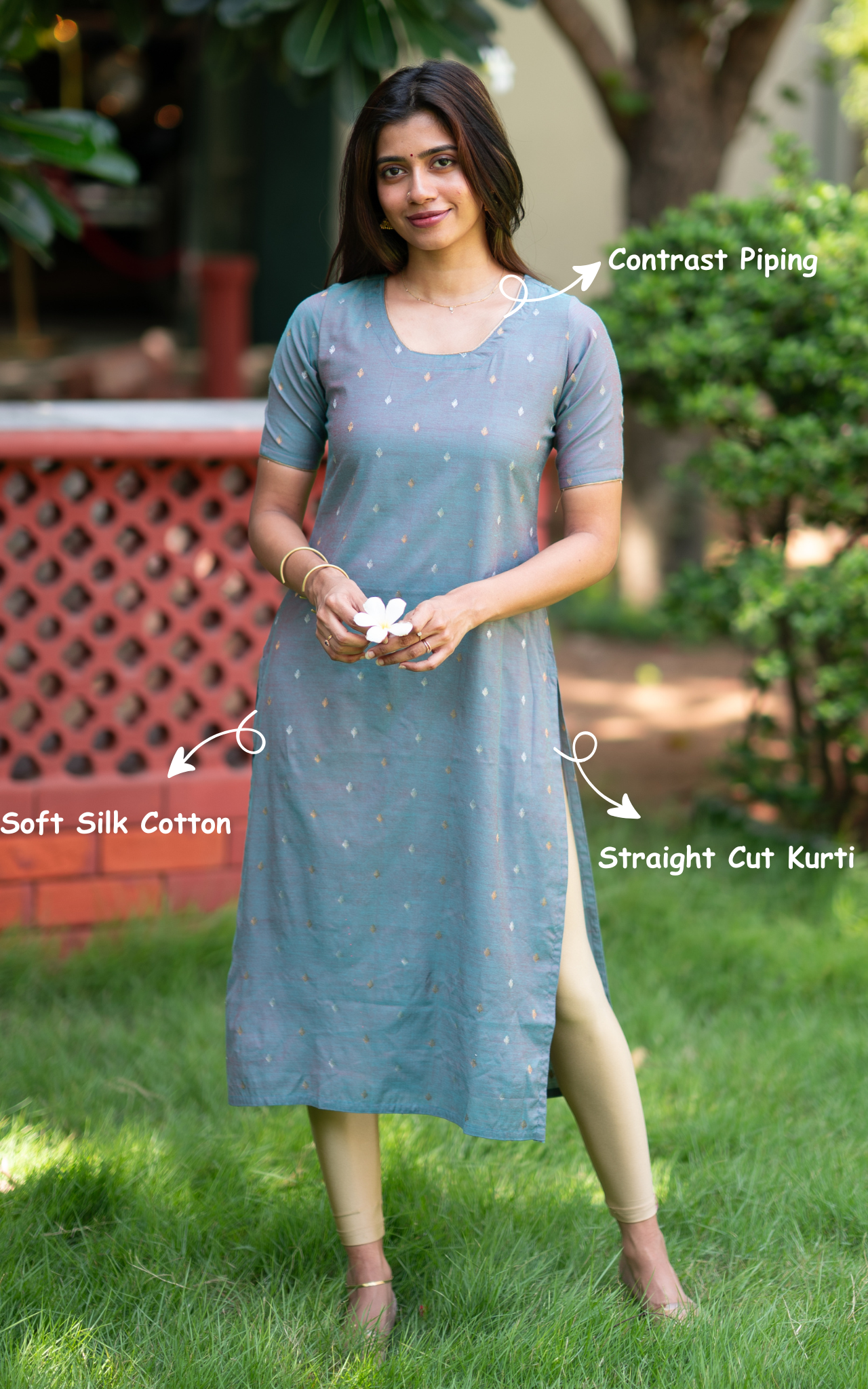Bluish Grey Soft Silk Cotton Elegant Straight Cut Kurti for Women
