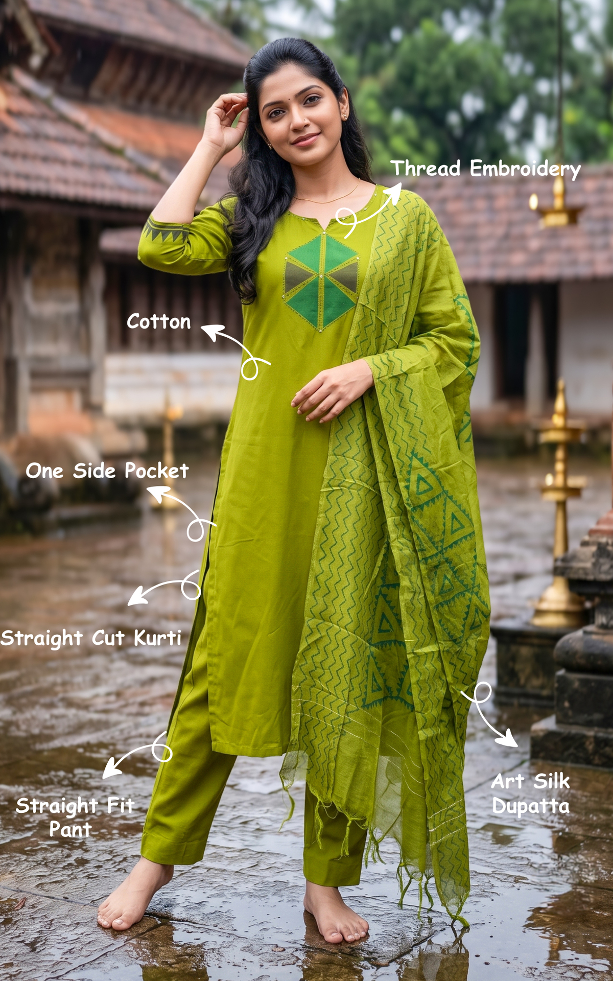 Mehandi Green Cotton Kurti Set with Full Elastic Waistband Pant for Women