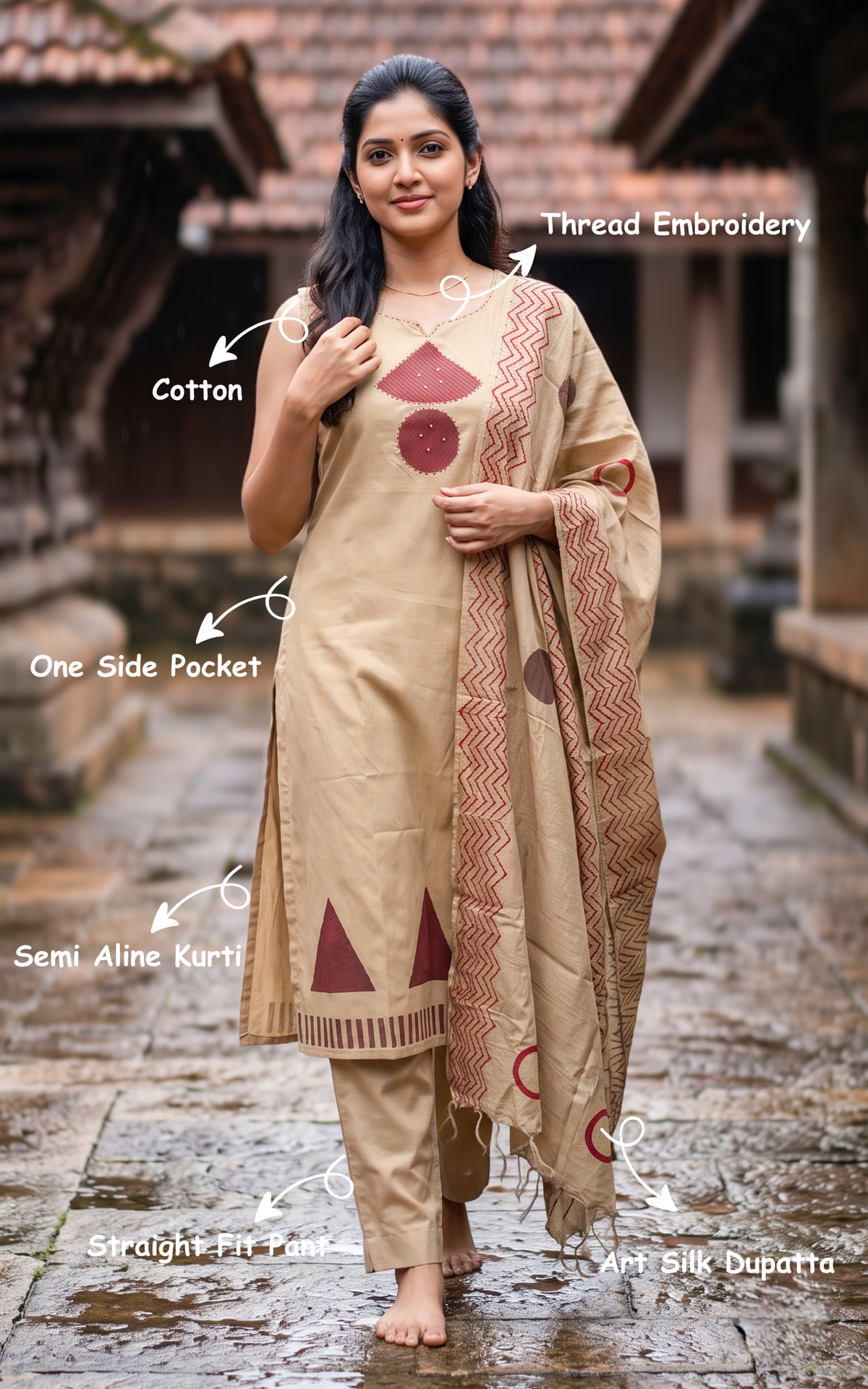 Beige Cotton Traditional Wear Semi Aline Kurti Set for Women
