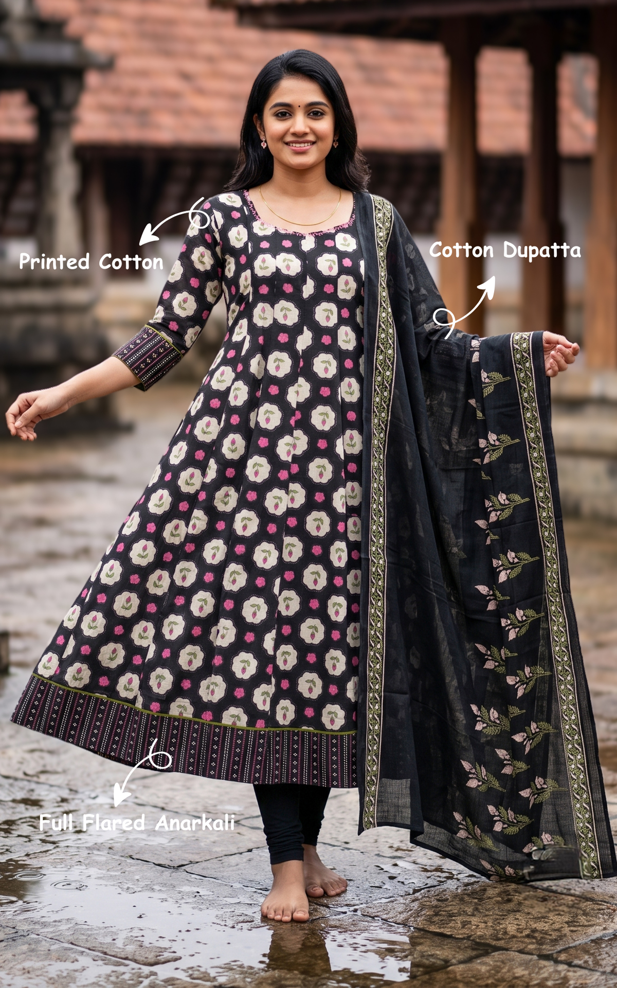 Black Printed Cotton Anarkali Kurti with Cotton Dupatta for Women