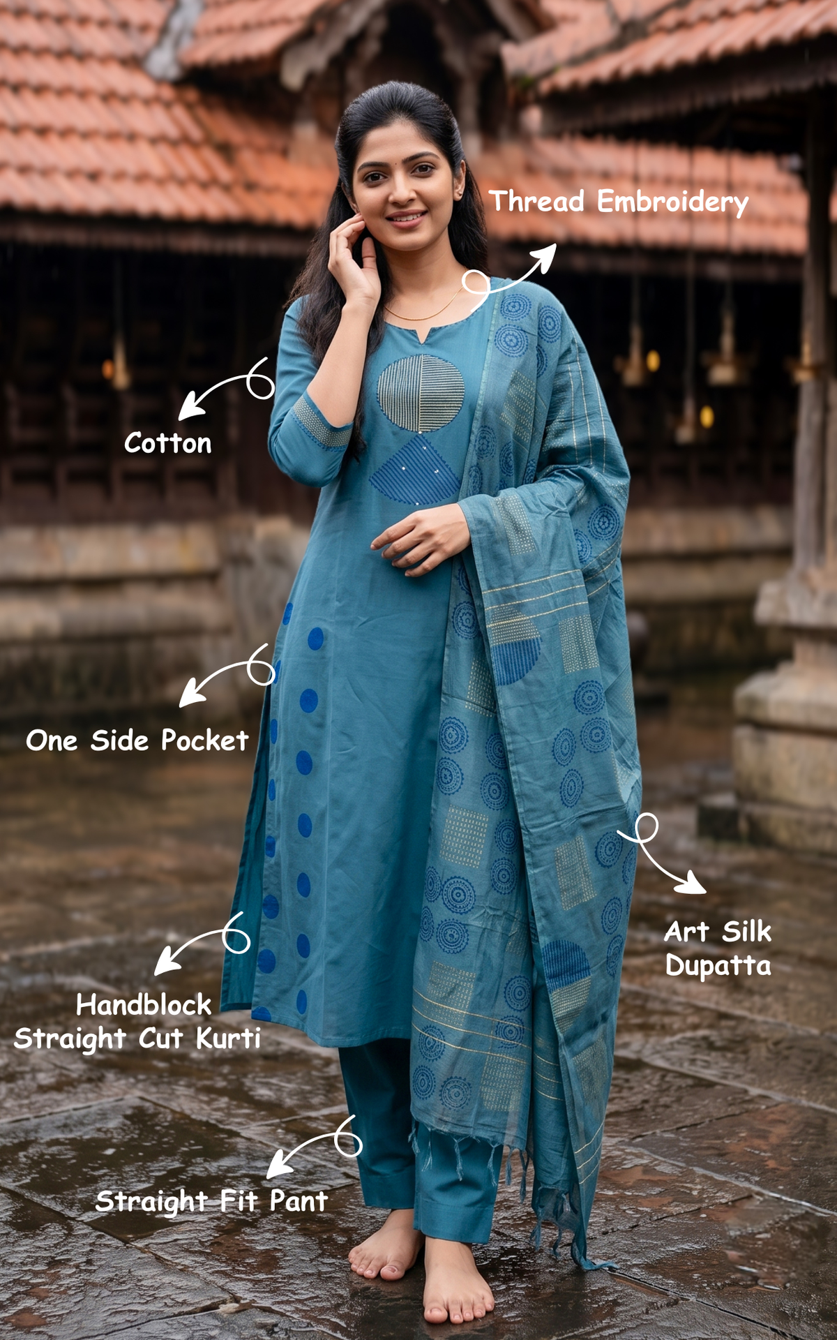 Teal Blue Cotton Casual Wear Handblock Straight Cut Kurti Set for Women