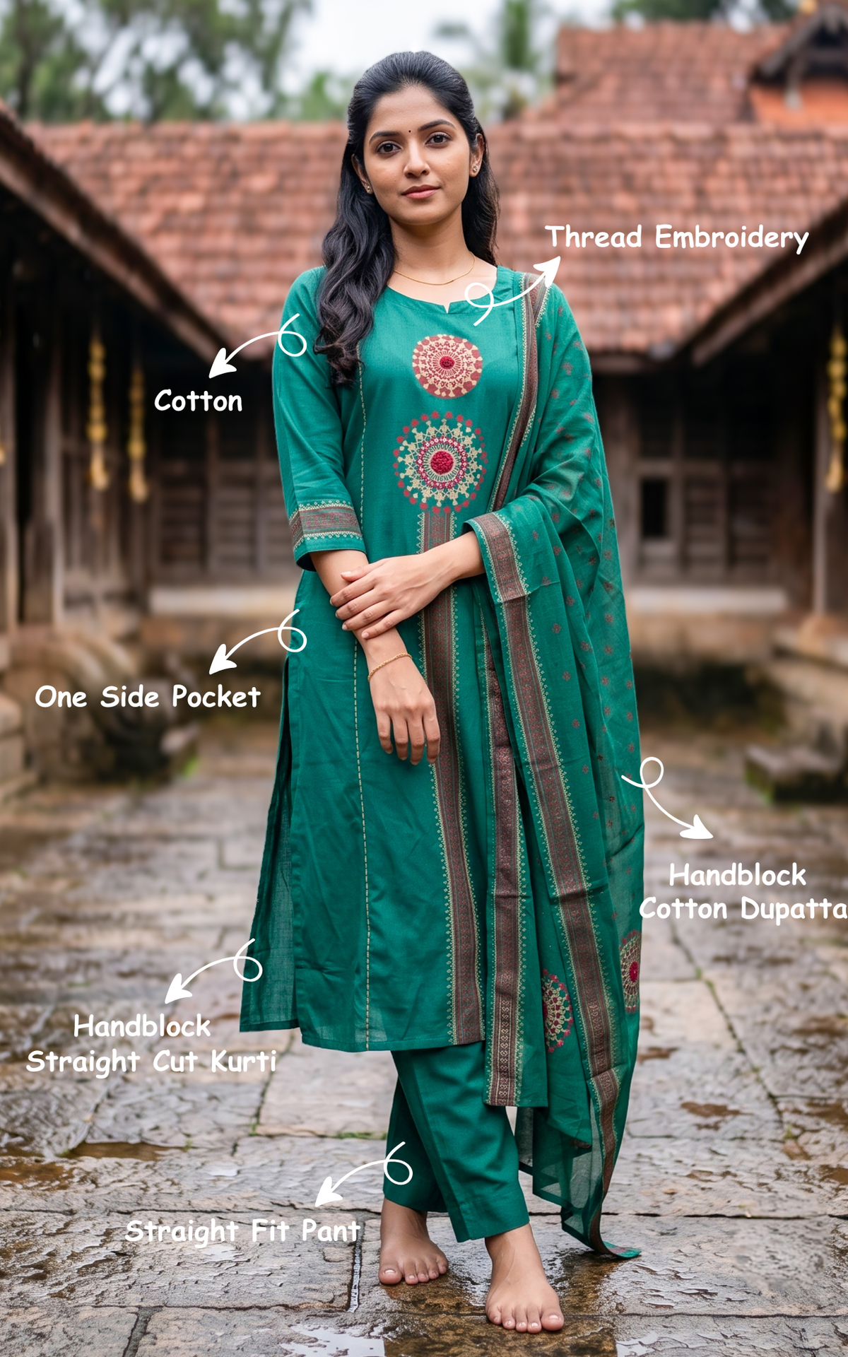 Green Cotton Office Wear Handblock Aline Kurti Set for Women