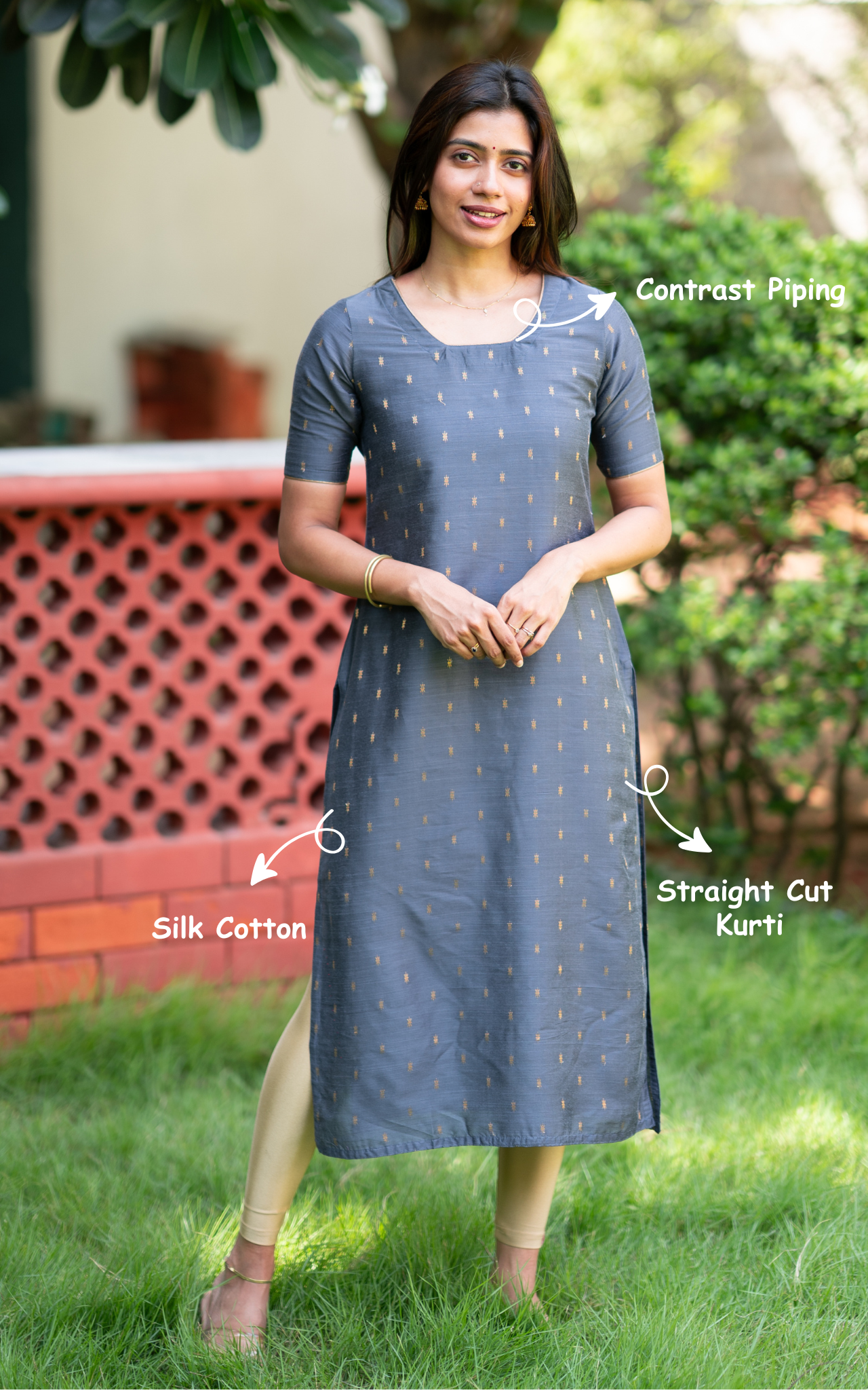Dark Grey Silk Cotton Straight Cut Kurti with Short Sleeves for Women