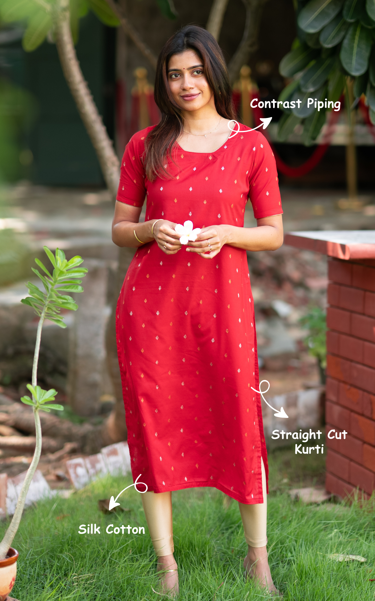 Red Silk Cotton Elegant Straight Cut Kurti for Women