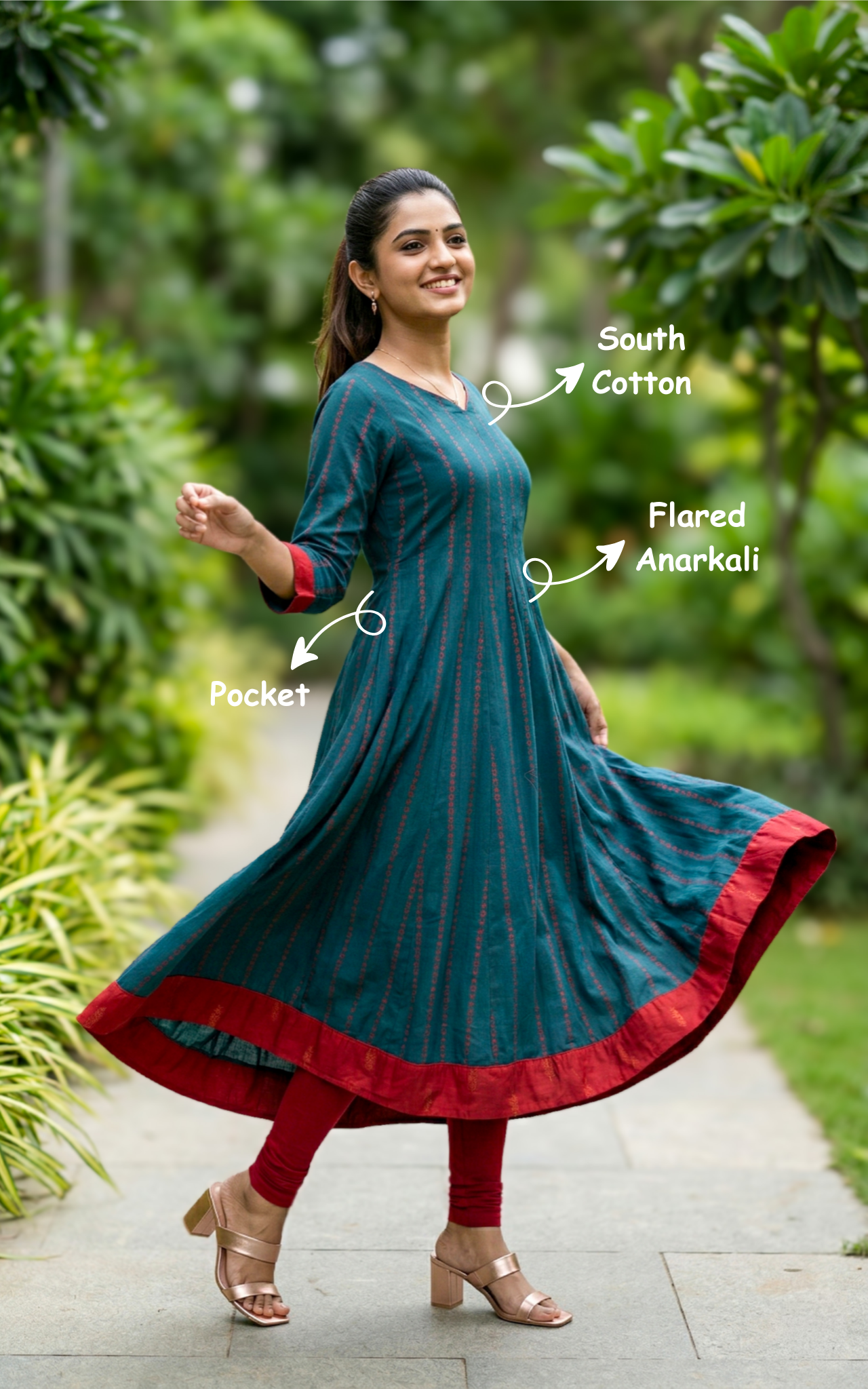 Comfortable Teal South Cotton Anarkali with Pocket