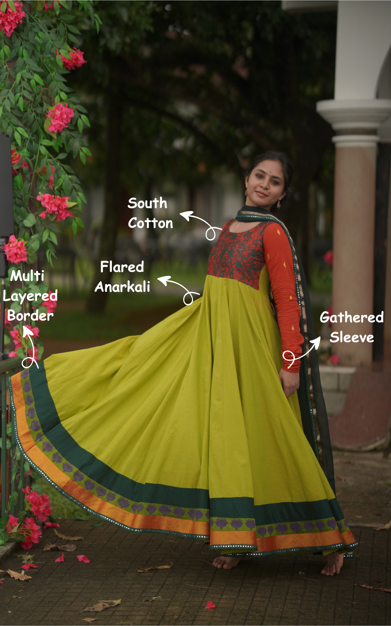 Instore - Green Color South Cotton Full Flared South Cotton Anarkali Kurti, Gathered Sleeves