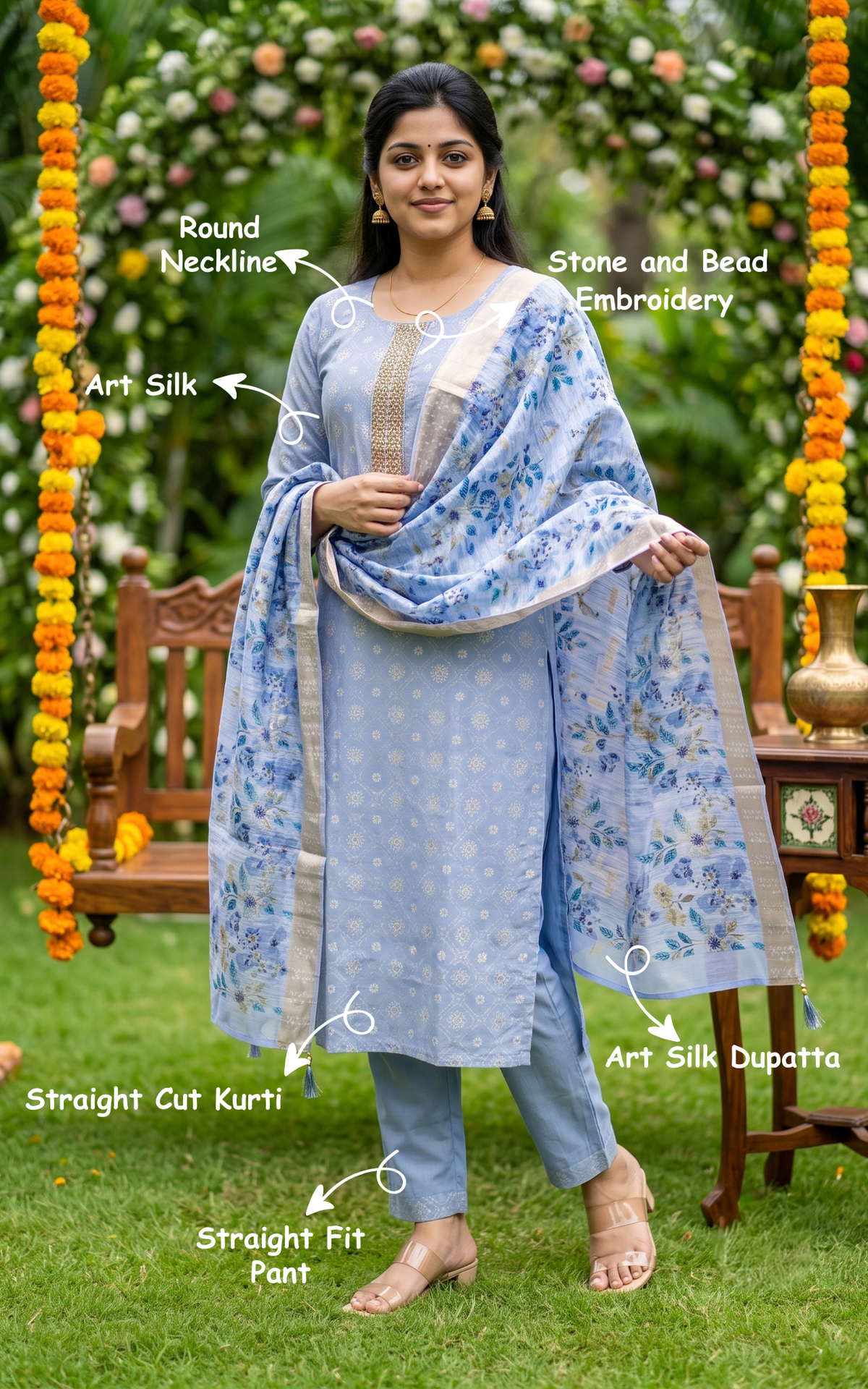 Malarnisha Ice Blue (Kurti+Pant+Dupatta)