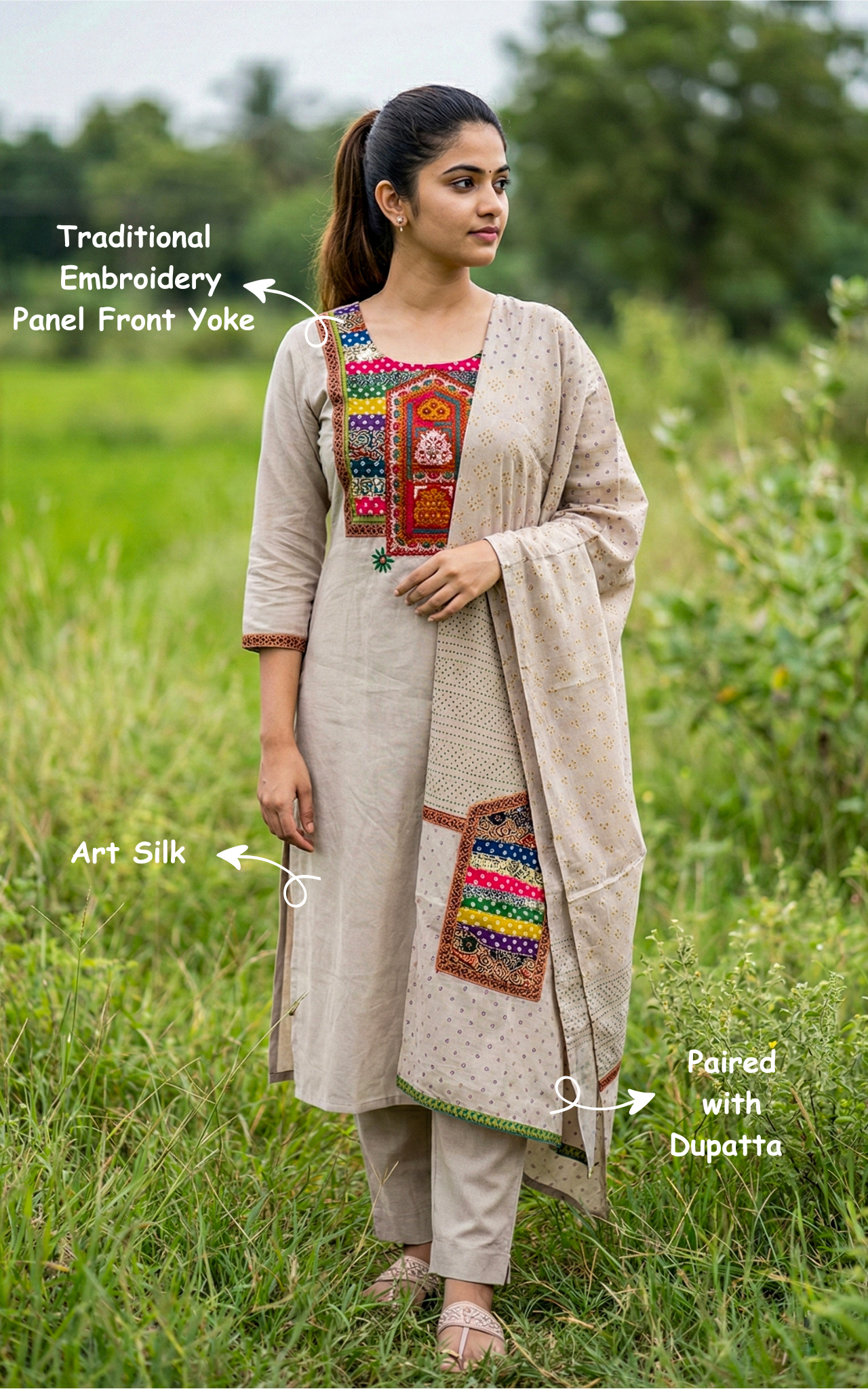 Traditional embroidery panal straight cut kurti for women