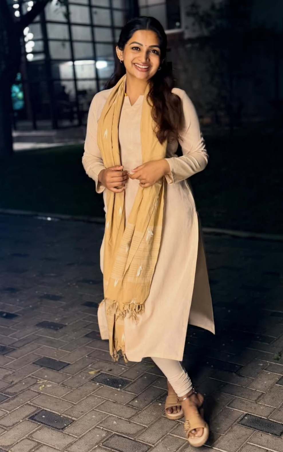 Beige Cotton Daily Wear Straight Cut Kurti with Dupatta for Women