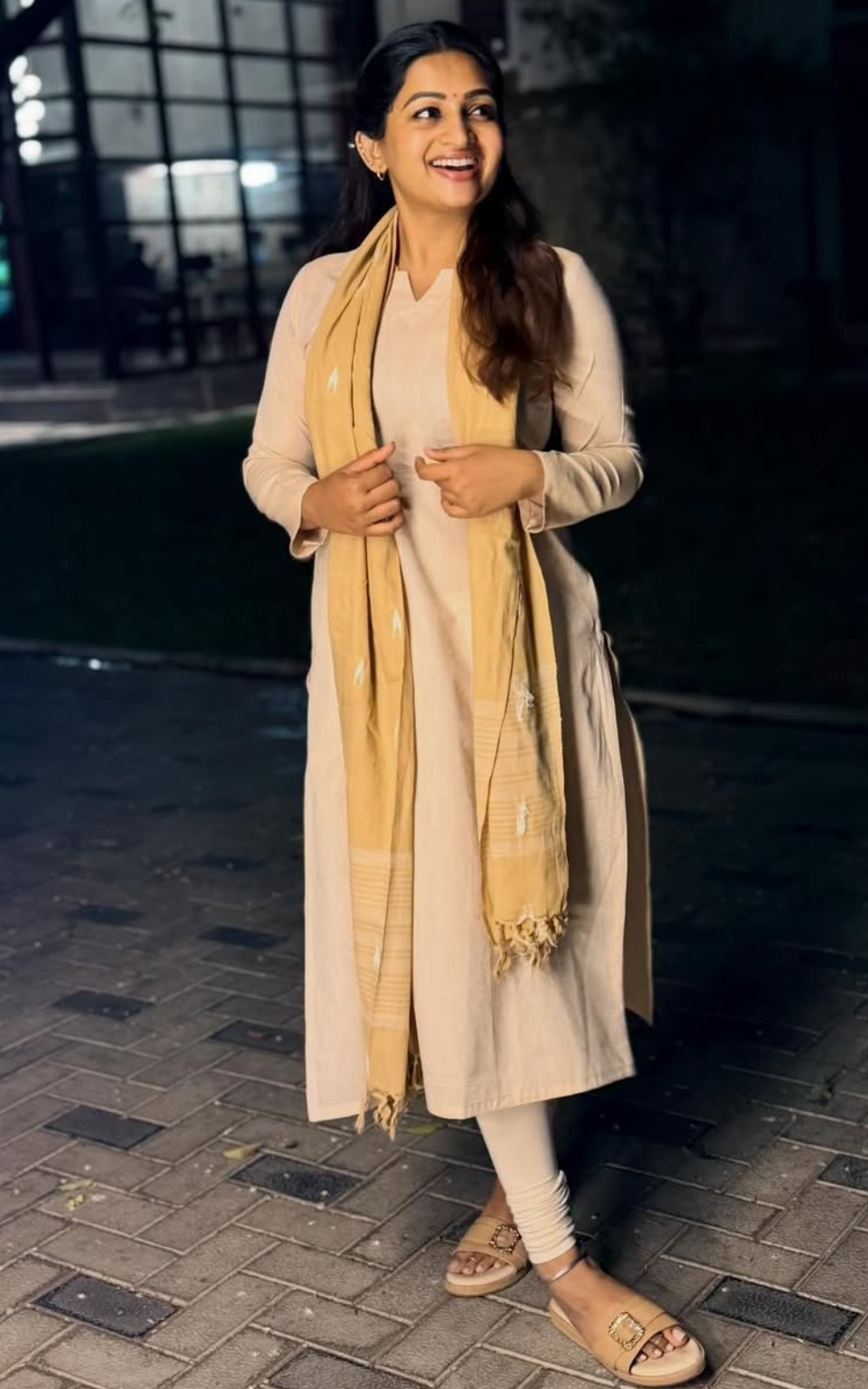 Beige Cotton Straight Cut Kurti with Cotton Dupatta for Women