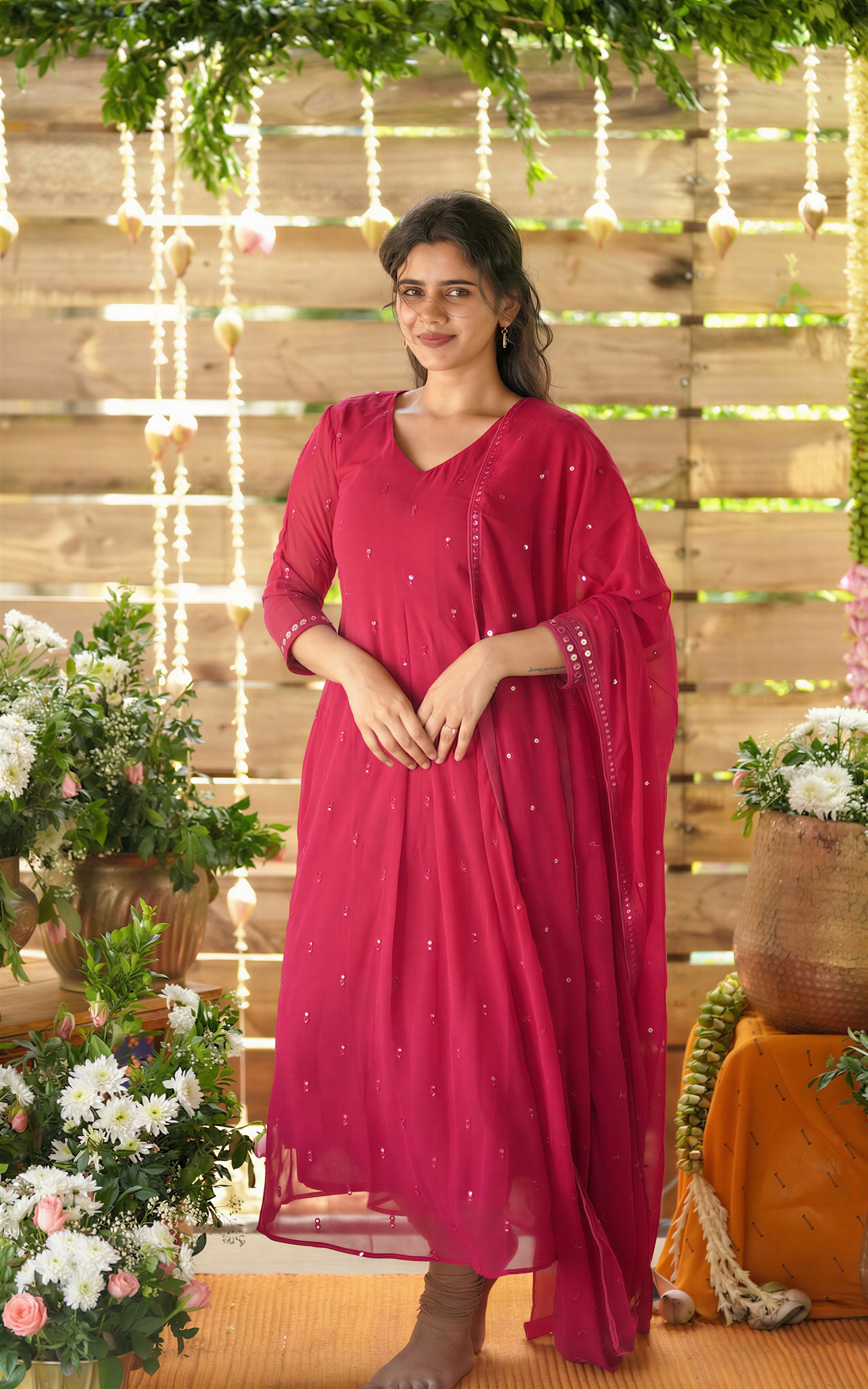 Instore - Pink Georgette Aline Kurti with Sequin Detailing All Over & Matching Dupatta
