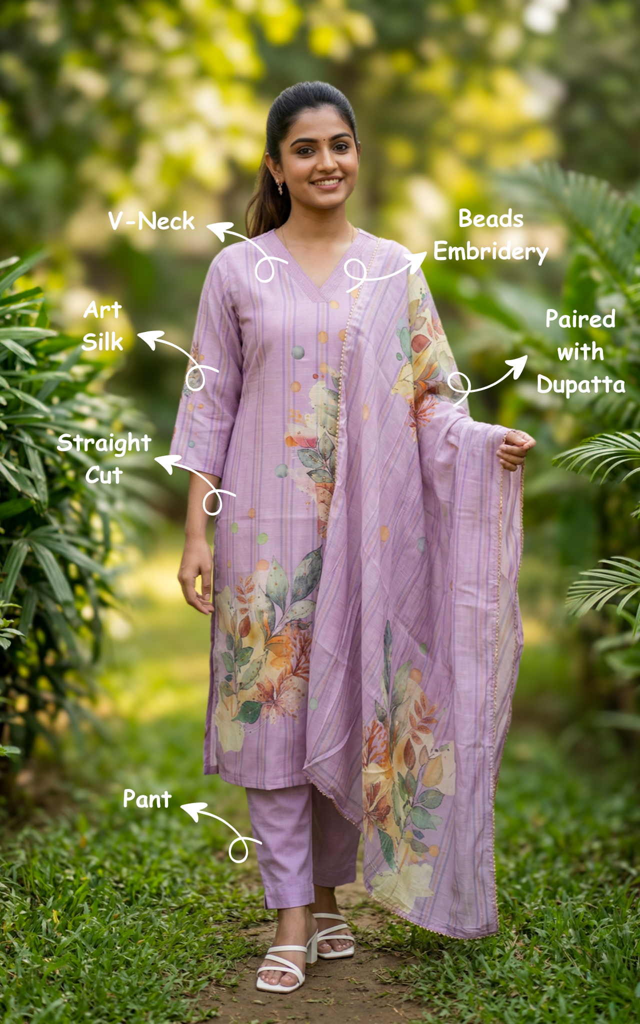 lavender ethnic art silk kurti set
designer kurti pant dupatta set
festive v-neck kurti with beads embroidery
traditional art silk kurti with matching dupatta