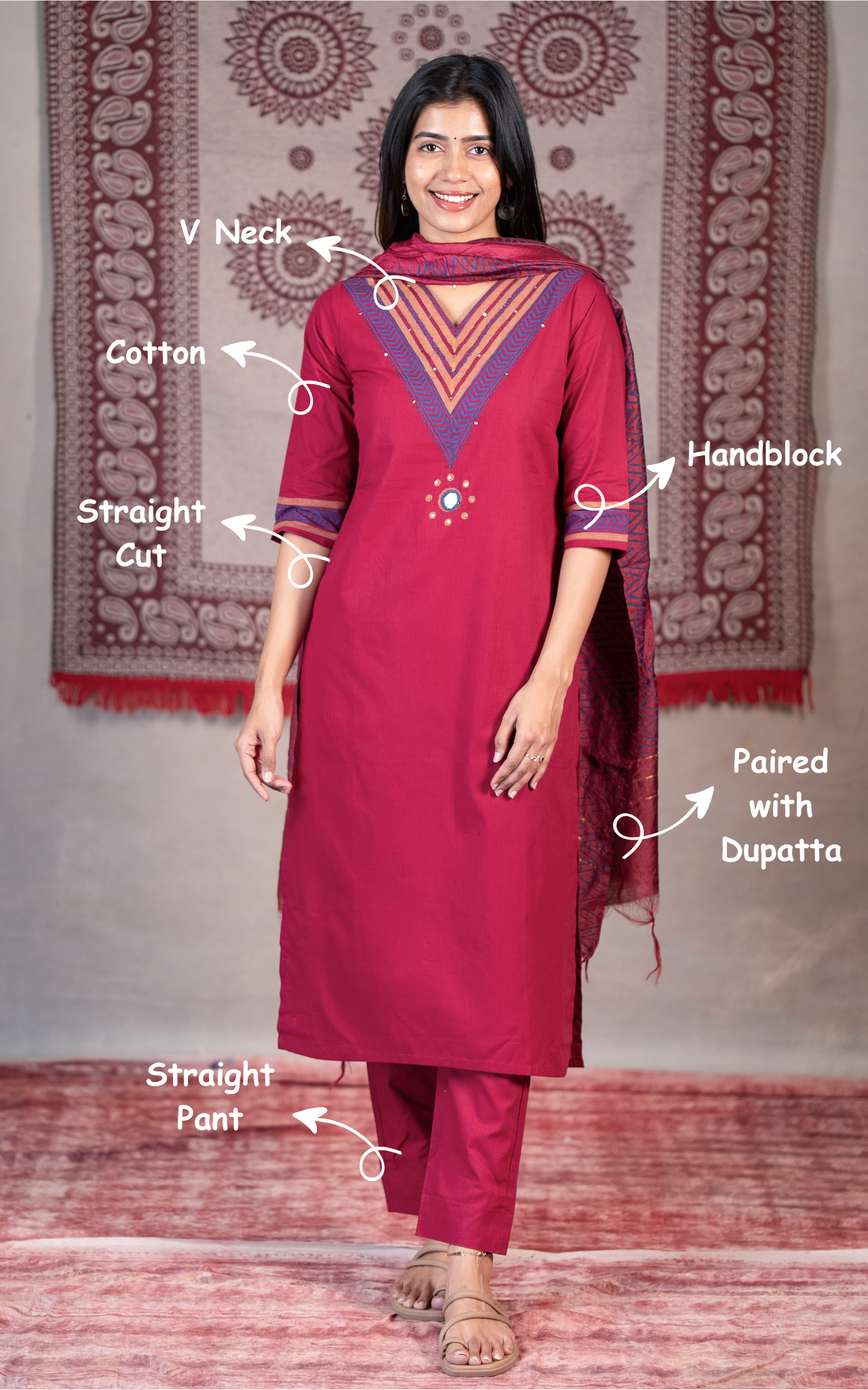 Maroon cotton kurti with mirror detailing for women