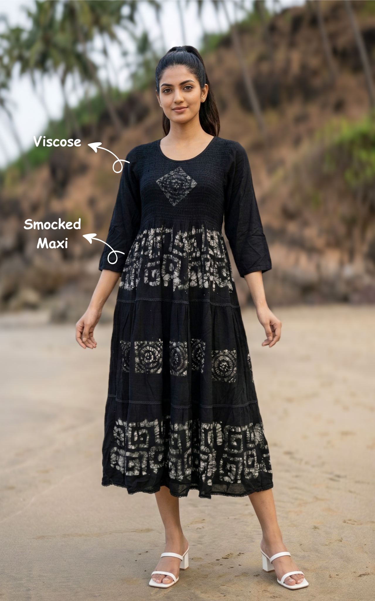 Trendy black viscose smocked Indo Western maxi dress for women's 