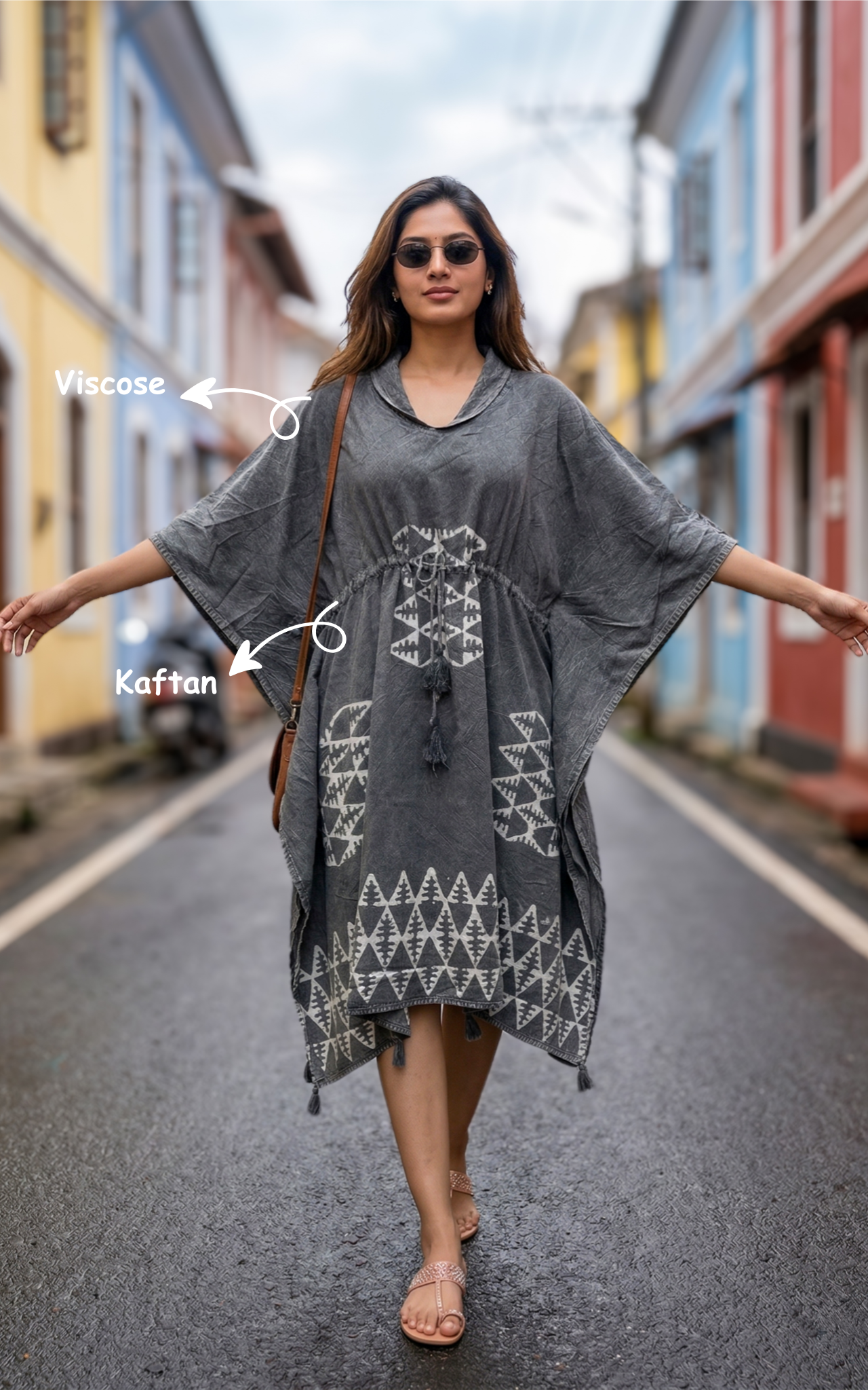 Grey printed viscose kaftan for women