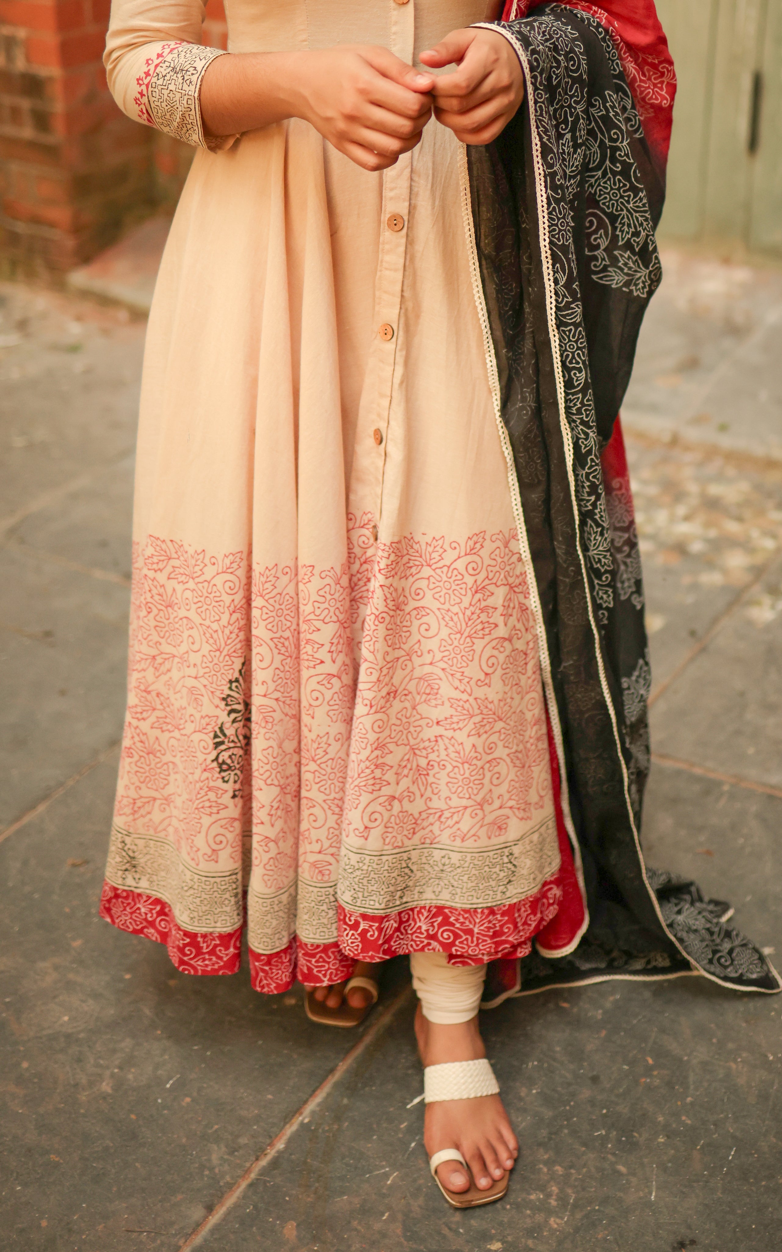 cream with red and black color combination Anarkali Kurti with dupatta 