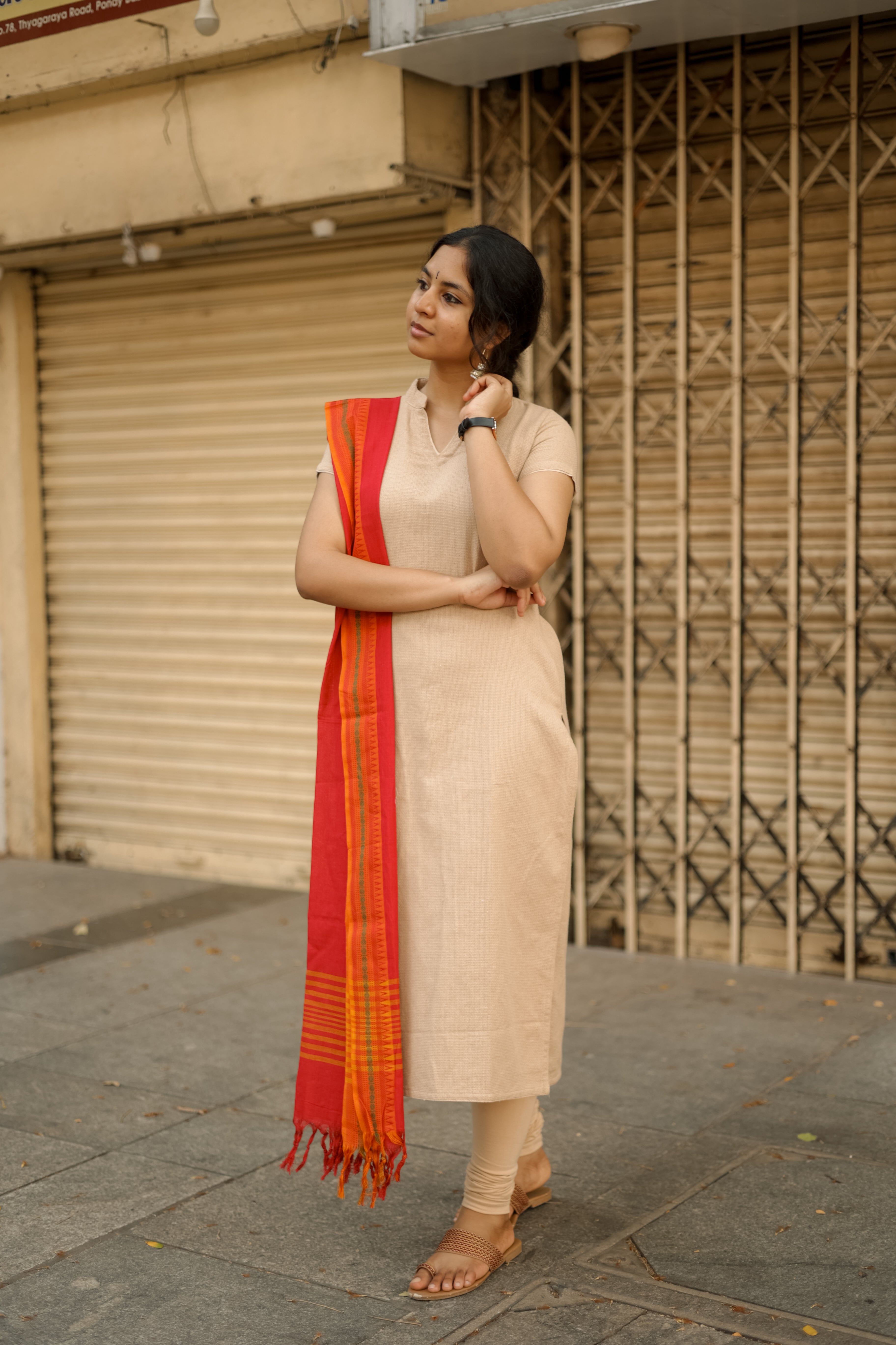 Kaakha Kaakha Jyotika Beige & Red 3/4th Sleeve (Kurti+Dupatta) KURTIS instore