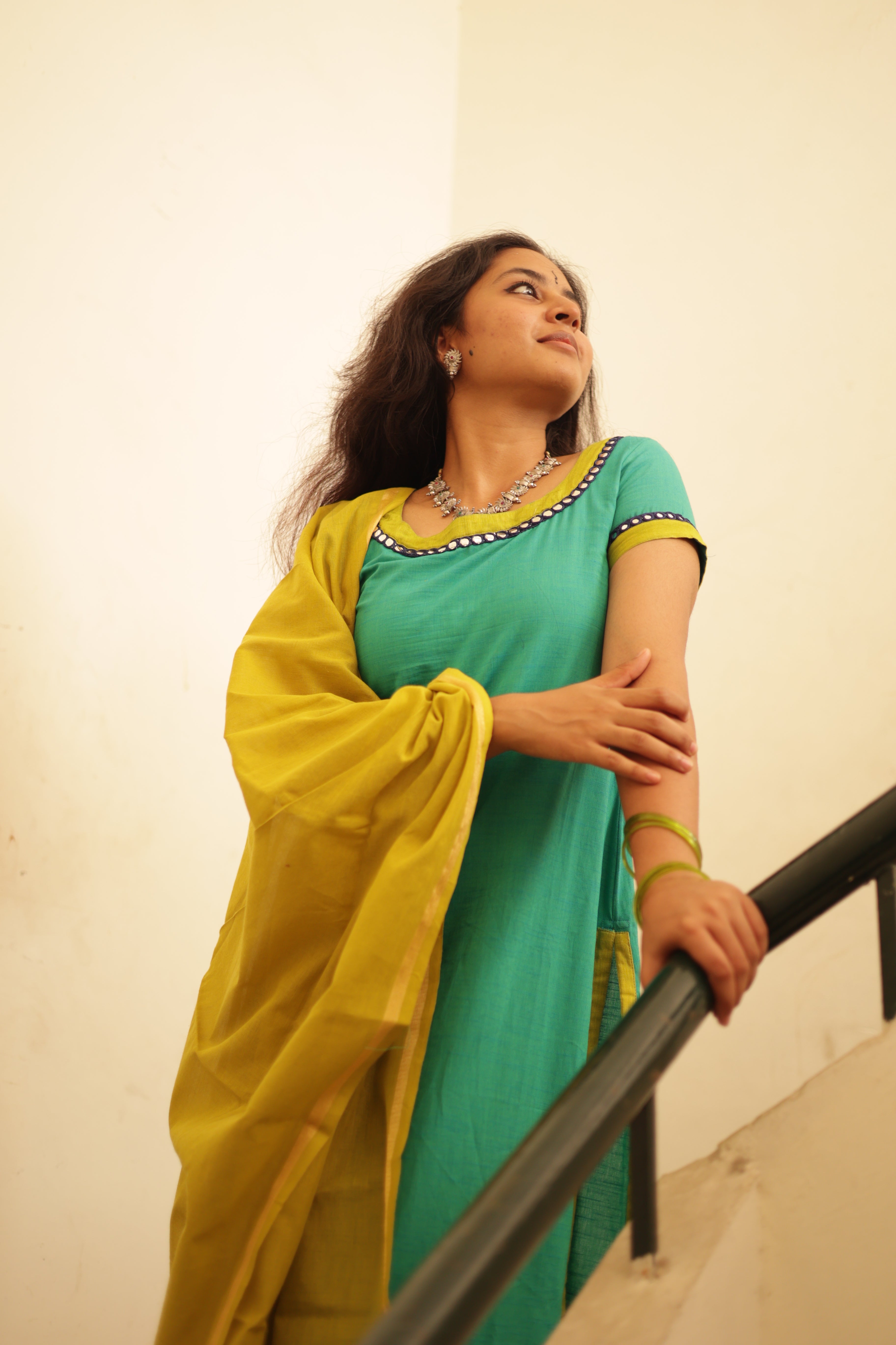 Kaakha Kaakha Jyotika Aqua Blue & Lime Green (Kurti+Dupatta)