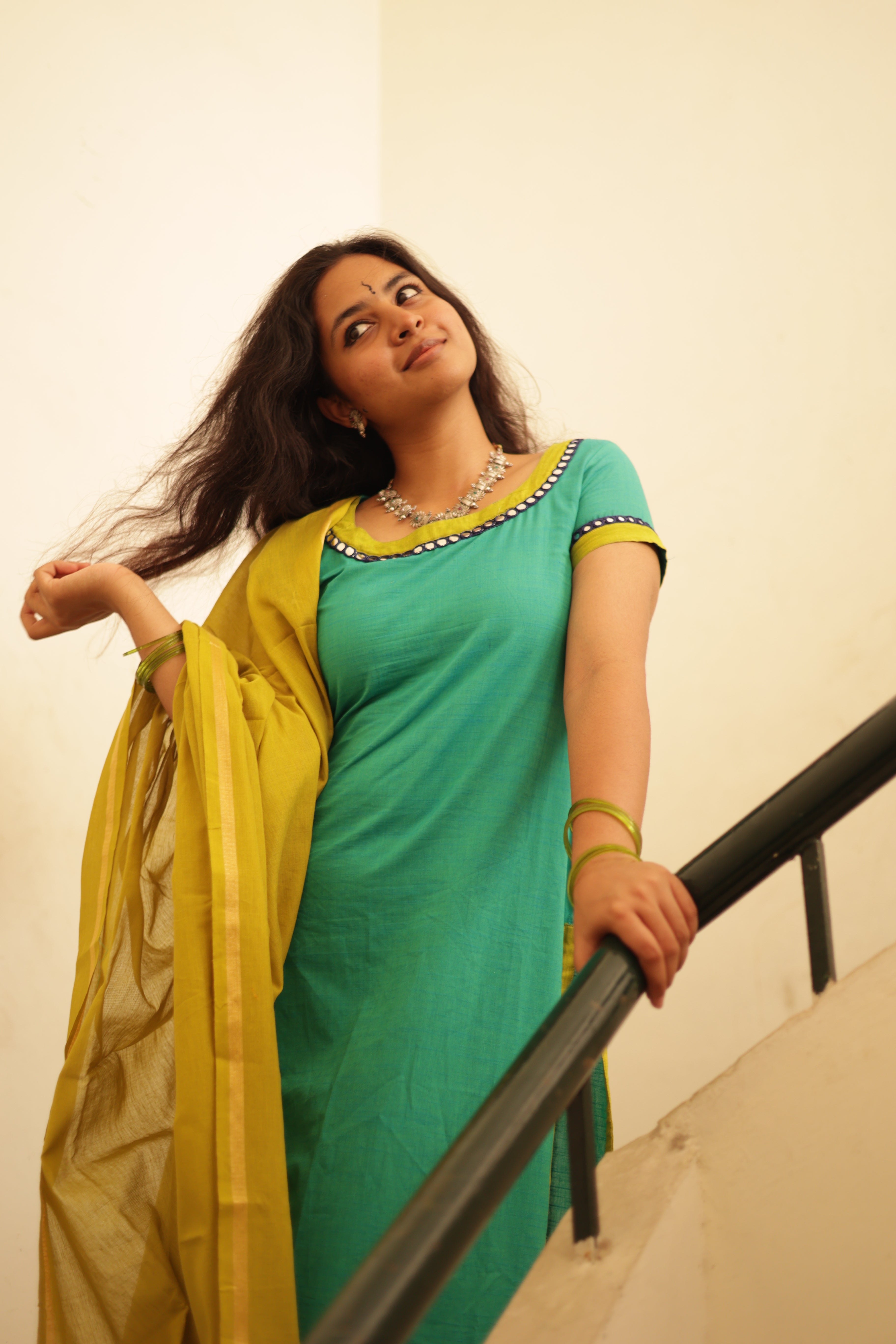 Kaakha Kaakha Jyotika Aqua Blue & Lime Green (Kurti+Dupatta)