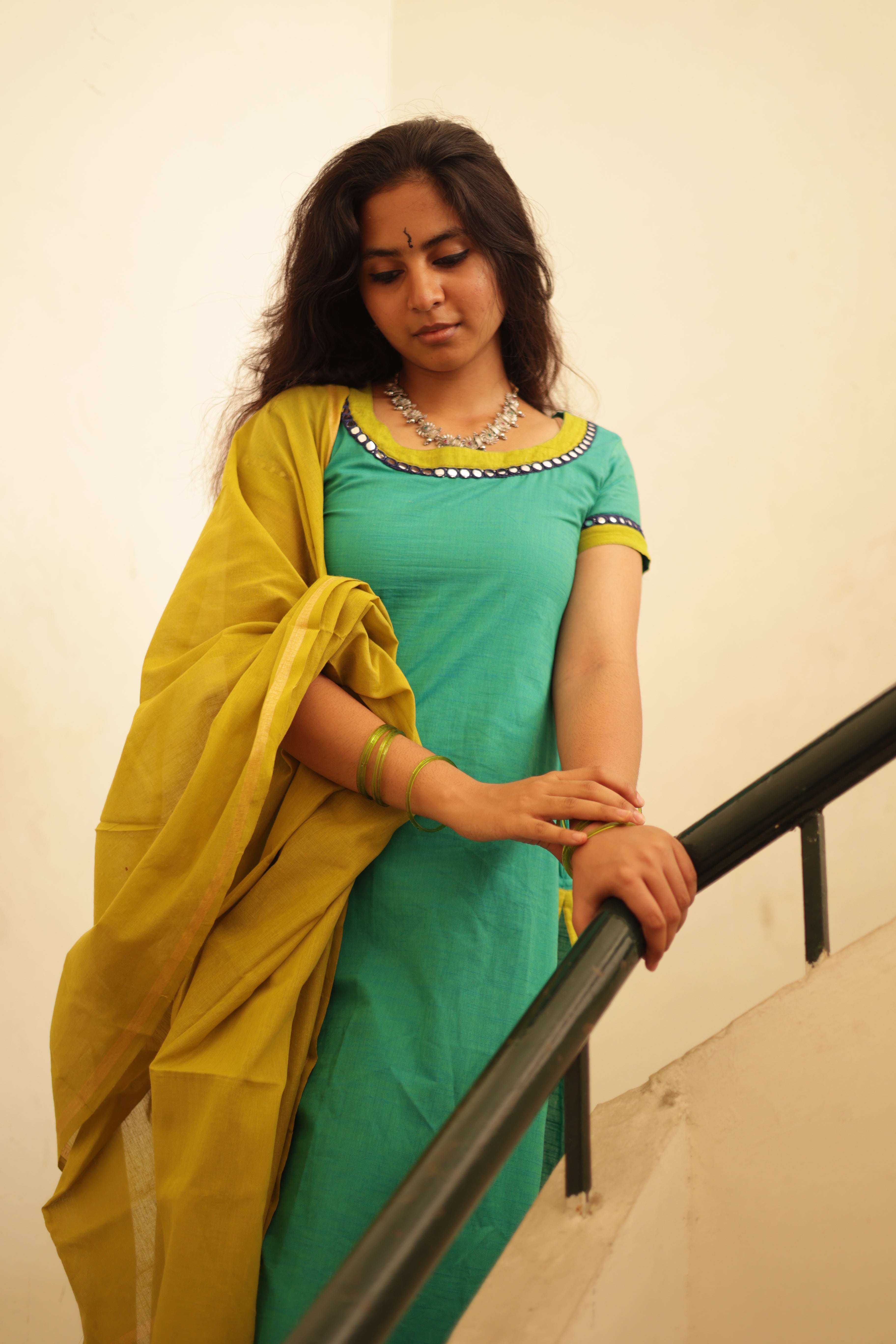 Kaakha Kaakha Jyotika Aqua Blue & Lime Green (Kurti+Dupatta)