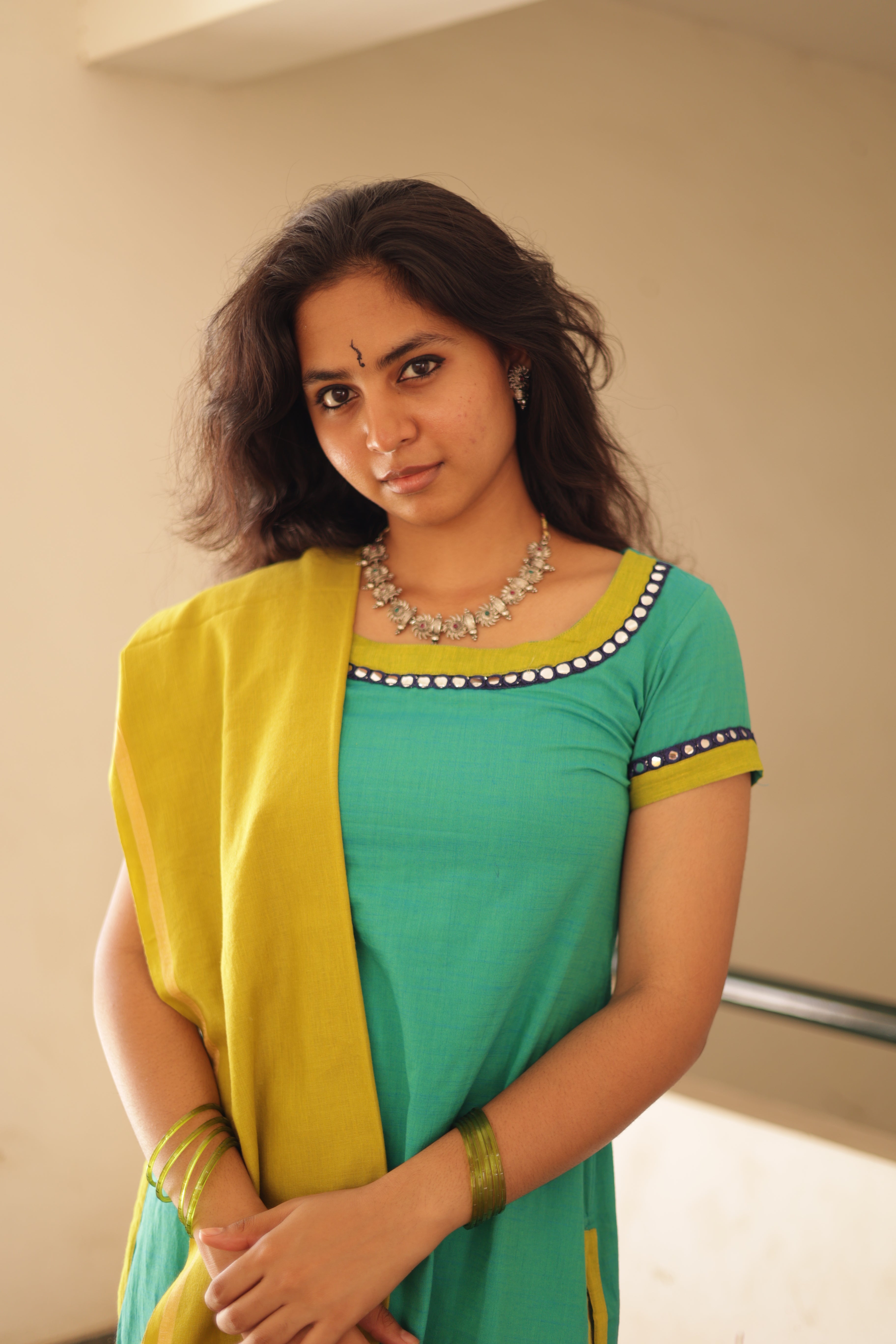 Kaakha Kaakha Jyotika Aqua Blue & Lime Green (Kurti+Dupatta)