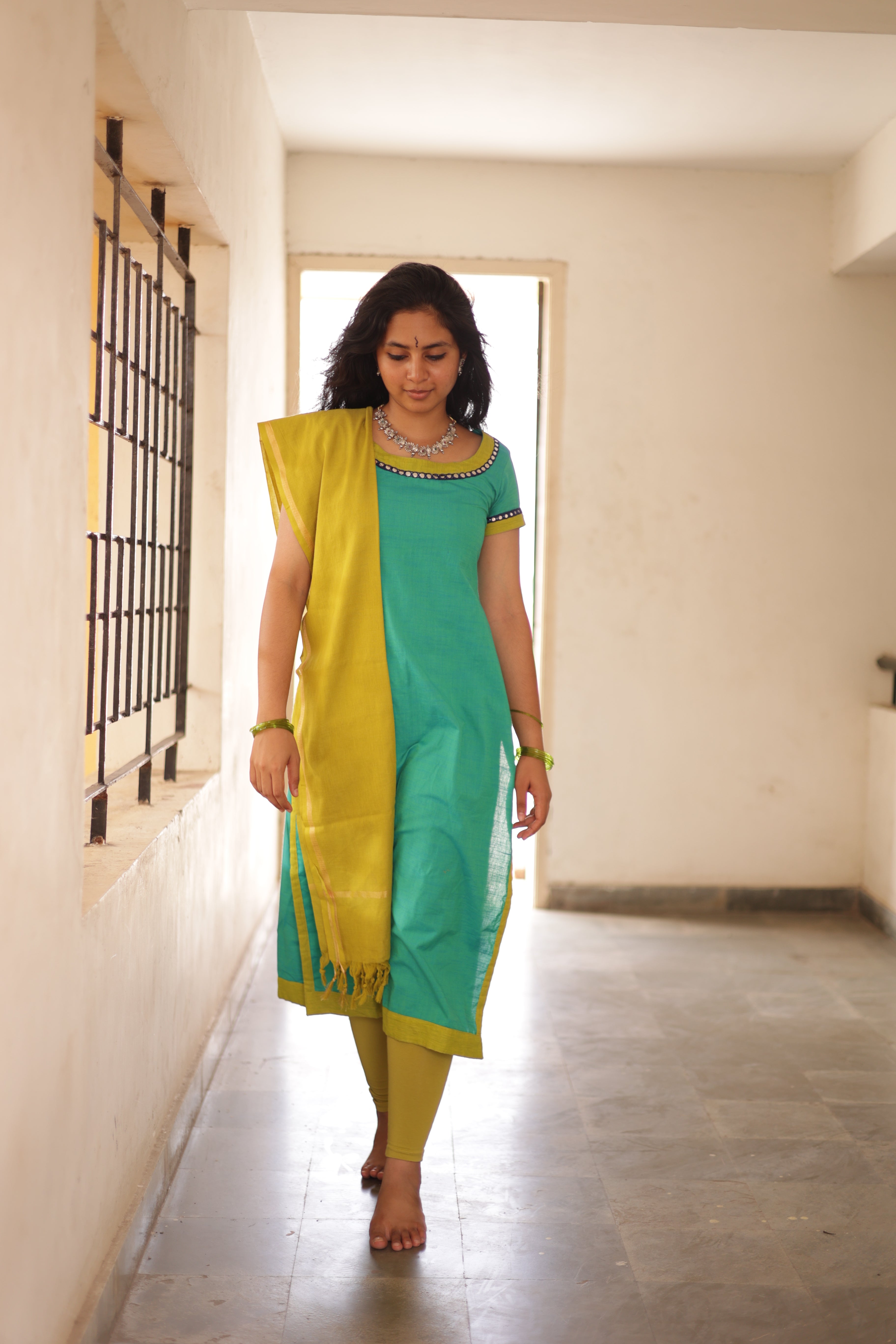 Kaakha Kaakha Jyotika Aqua Blue & Lime Green (Kurti+Dupatta)