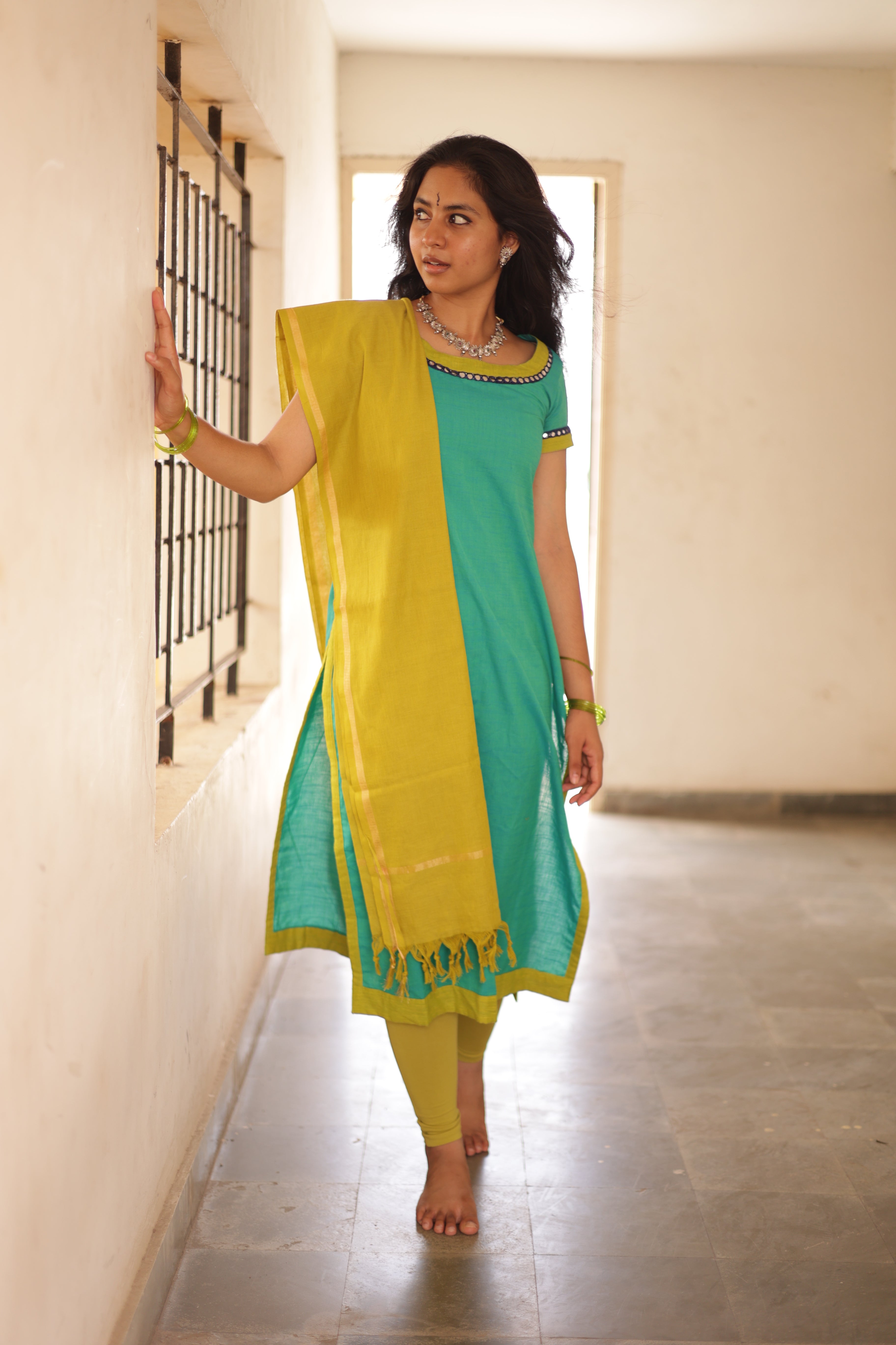 Kaakha Kaakha Jyotika Aqua Blue & Lime Green (Kurti+Dupatta)