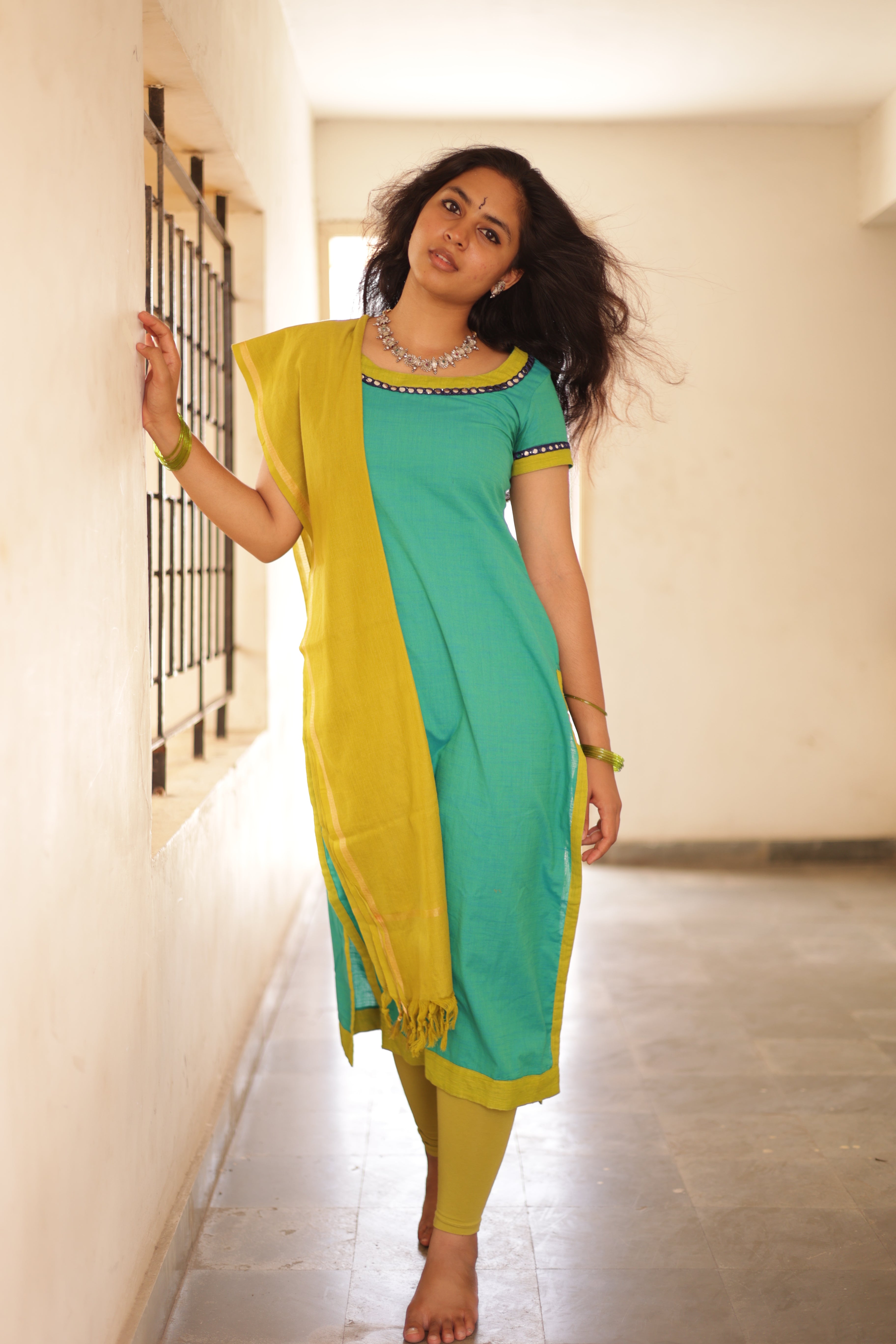 Kaakha Kaakha Jyotika Aqua Blue & Lime Green (Kurti+Dupatta)