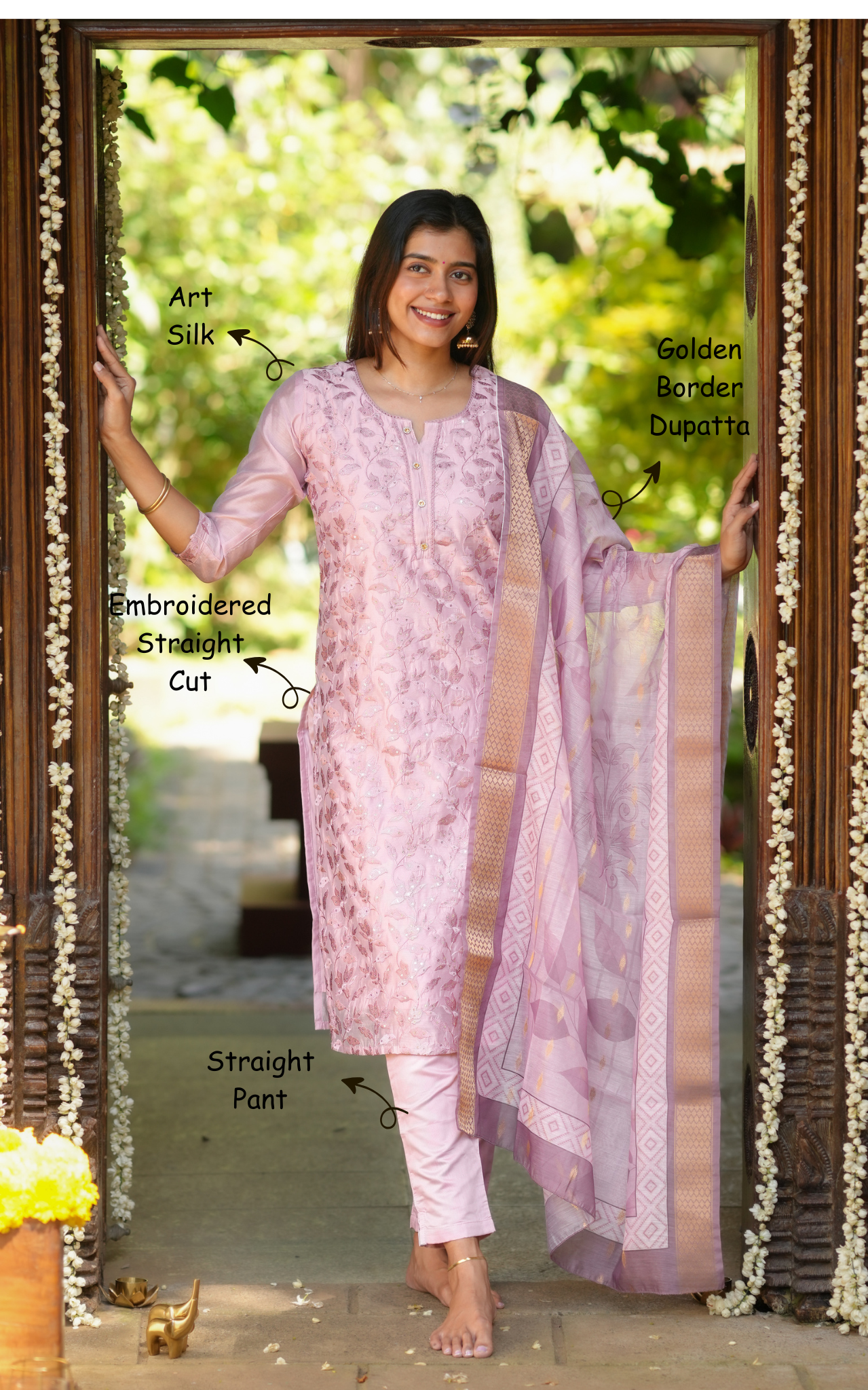 Instore – Onion Pink Rithuska Kurti Pant Dupatta Set for Women – Art Silk – Festive Ethnic Wear