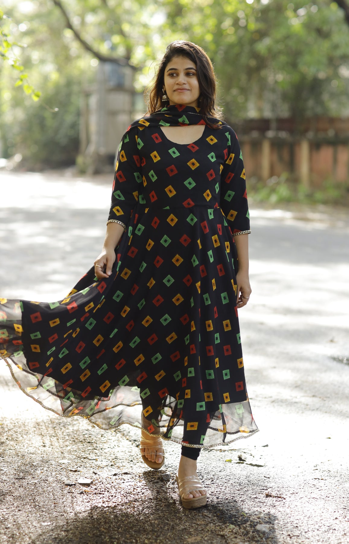 Beautiful design cotton gold print work nayra cut kurti pant and dupatta  Black  Ethnic Garment