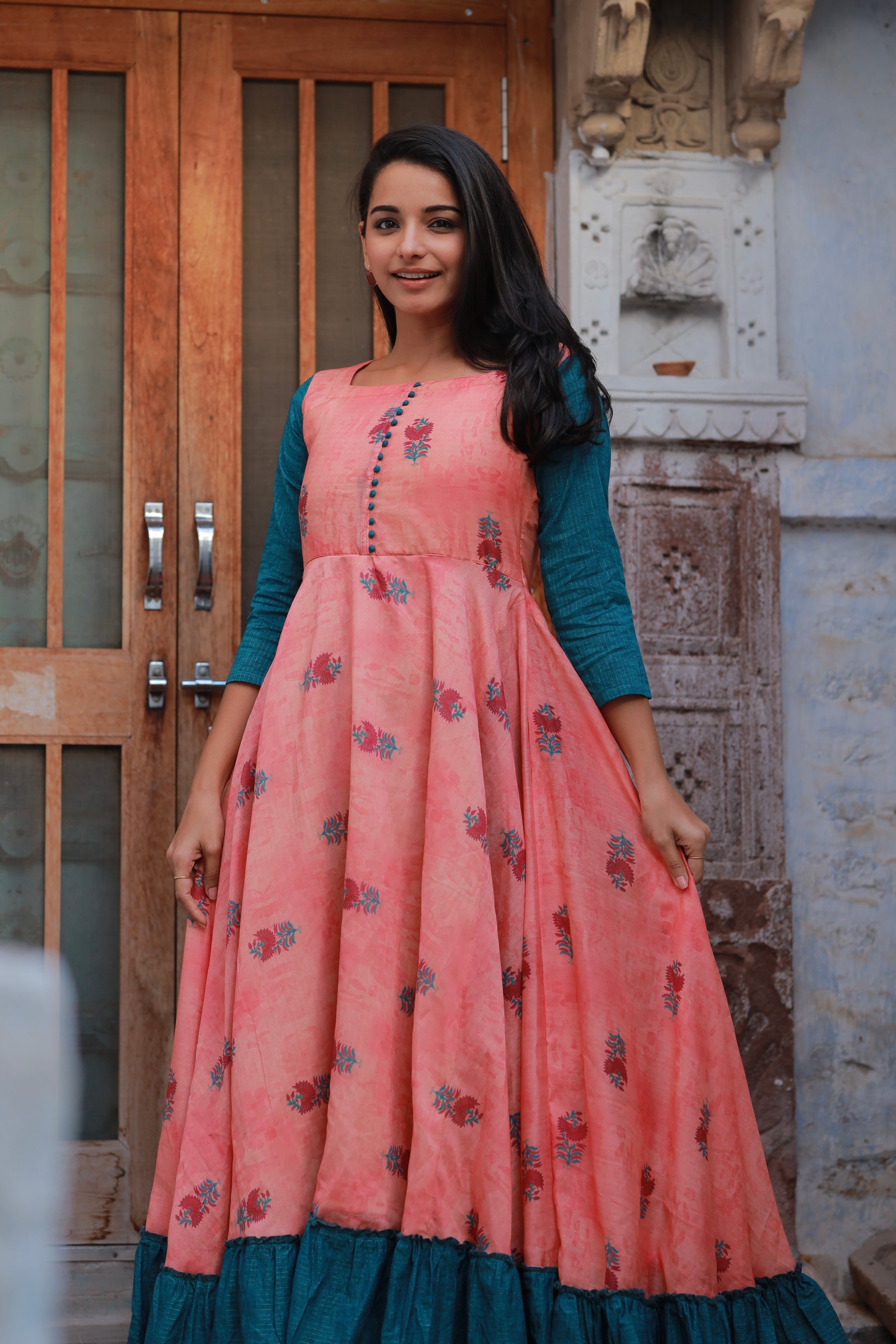 Pink Color Anarkali kurtis with Pant and Cotton Dupatta